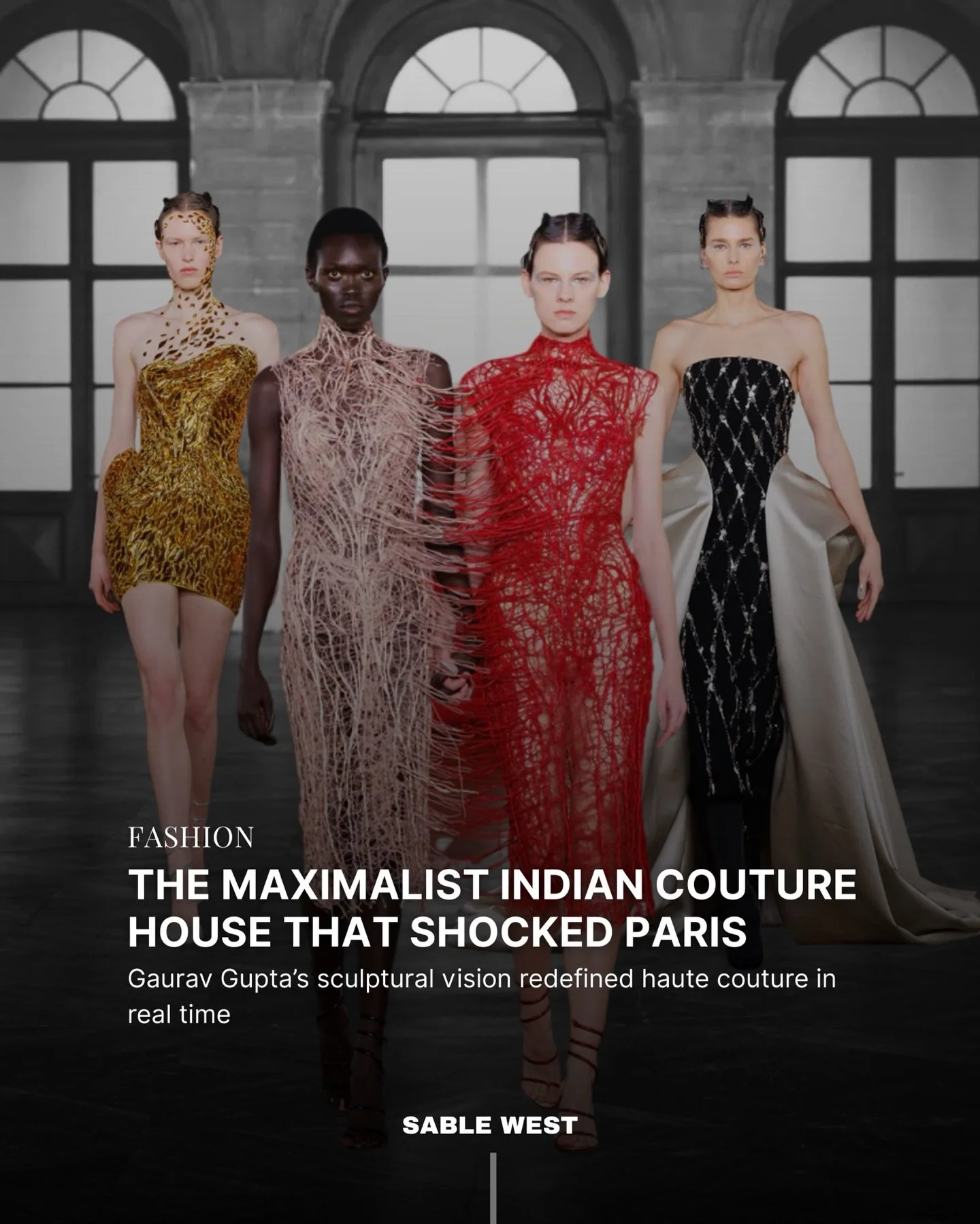 Gaurav Gupta brings a new voltage to Paris Couture. Molten metallics, sculpted draping, and beadwork that feels almost supernatural. His SS26 collection turns fabric into wearable art and carries the same architectural intensity seen on clients like 