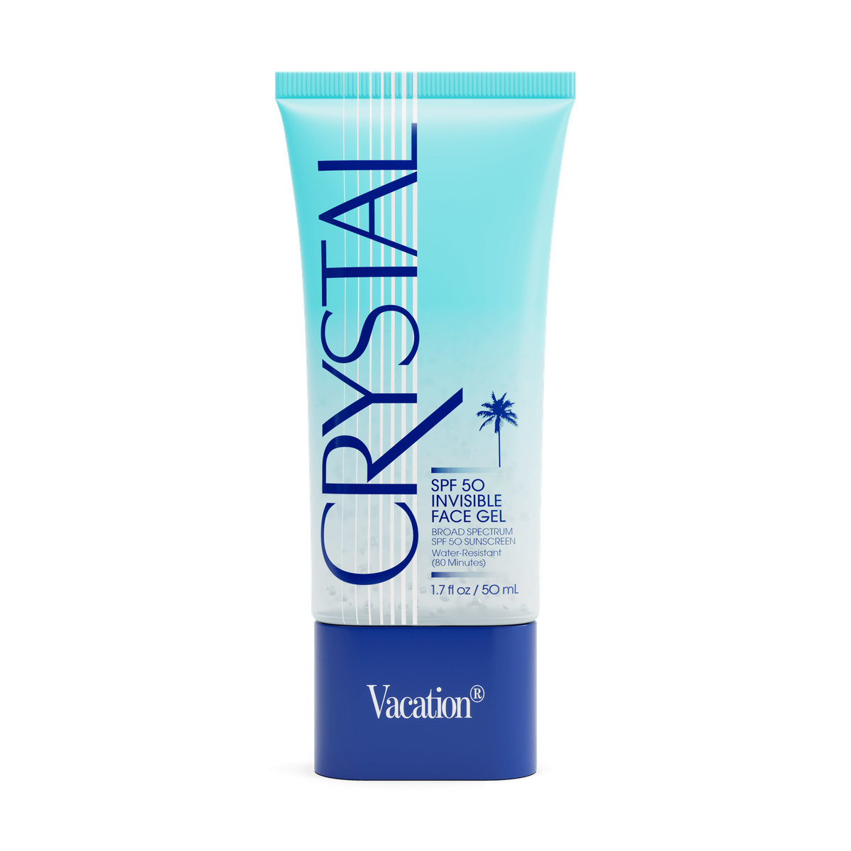 Vacation Crystal SPF 50 invisible face gel tube on white