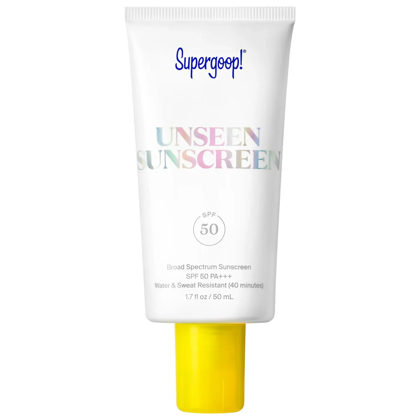 Supergoop Unseen Sunscreen SPF 50 tube, clear invisible formula