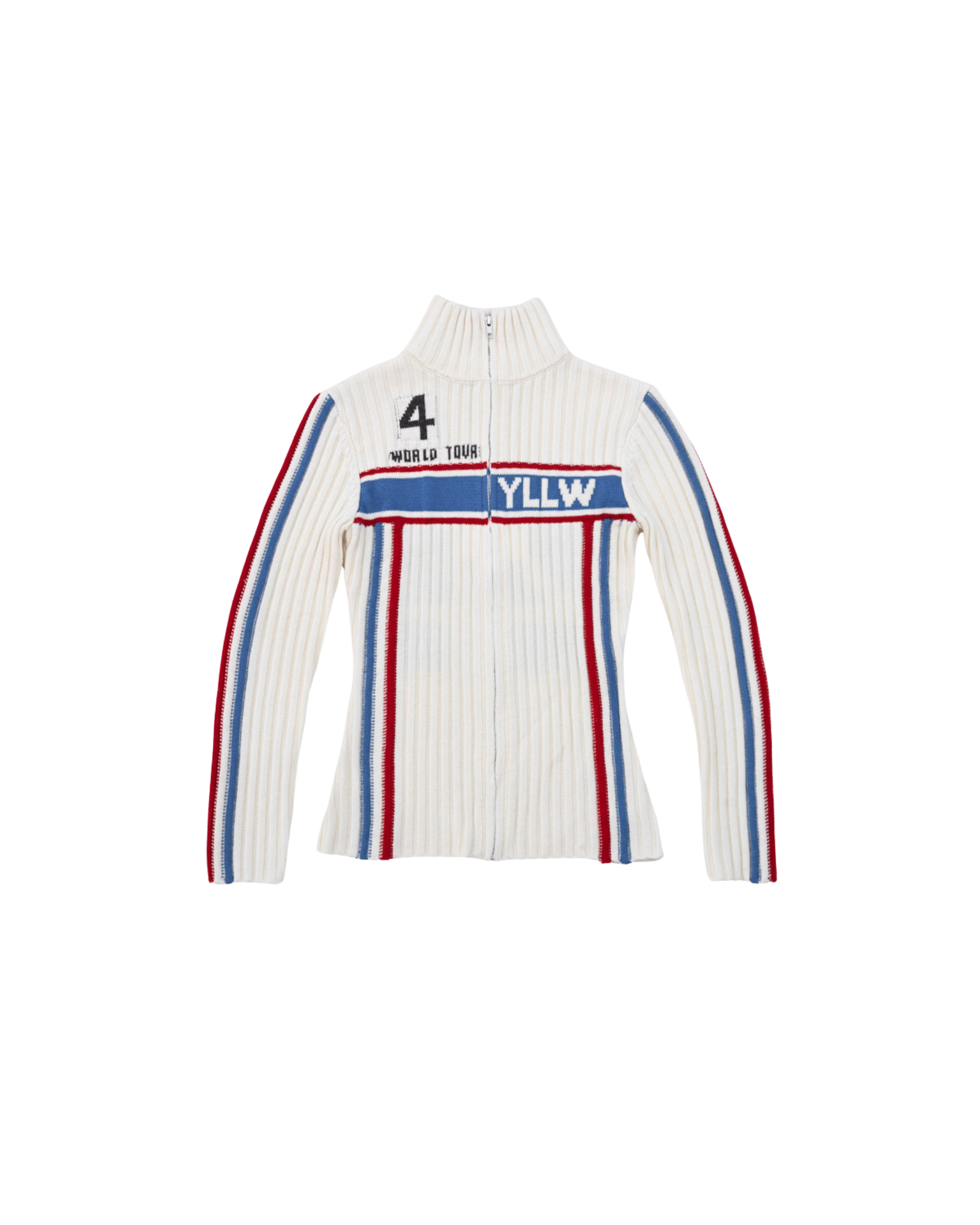 Sable West Club Standard, YLLW The Label World Tour Zip-Up 2026, wool cashmere racing stripe mockneck zip, women's luxury knitwear golf lifestyle