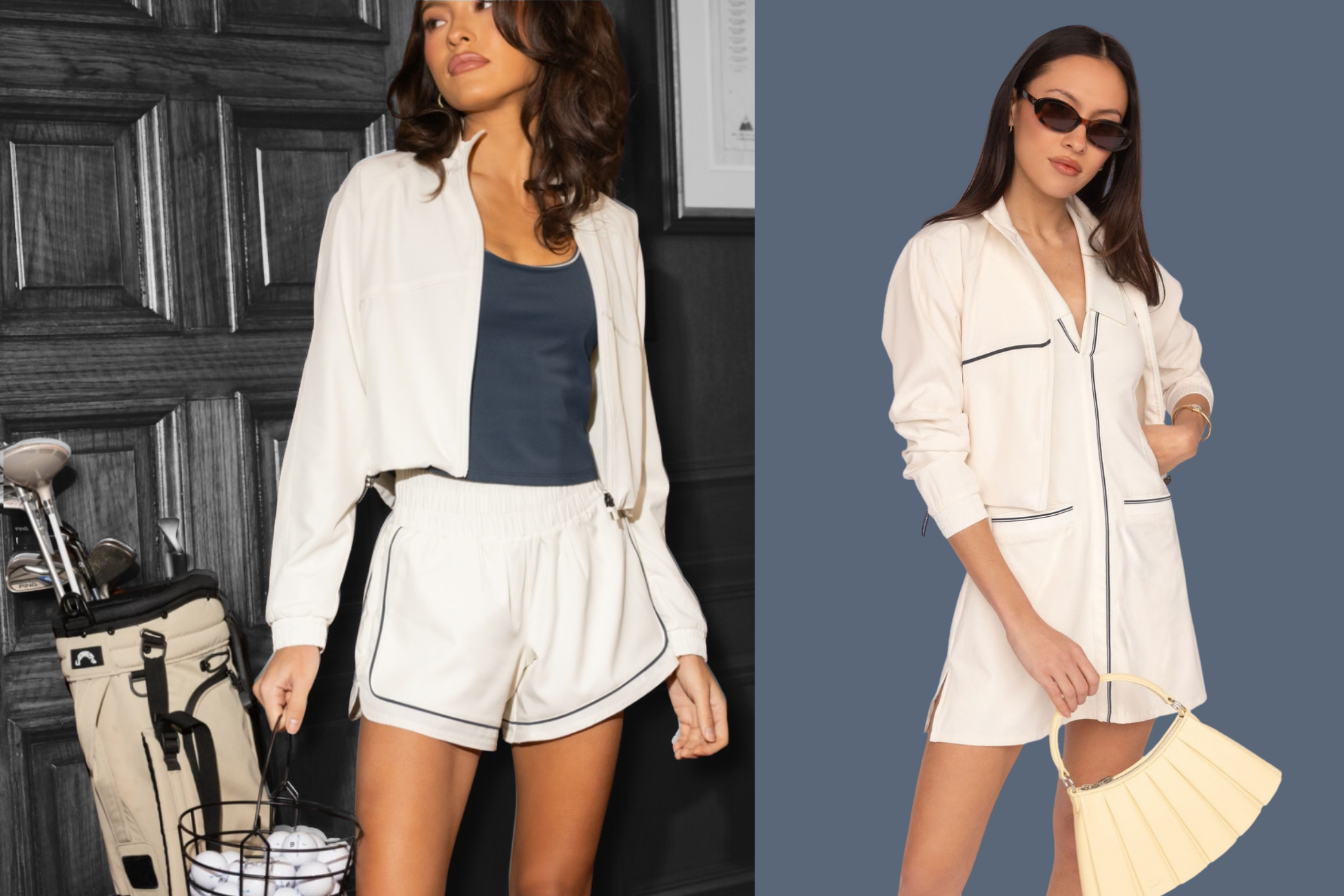 Sable West Club Standard, Fore-te Club Attire campaign 2026, two models in ivory performance separates with contrast piping against black and white backdrop, women's golf uniforms