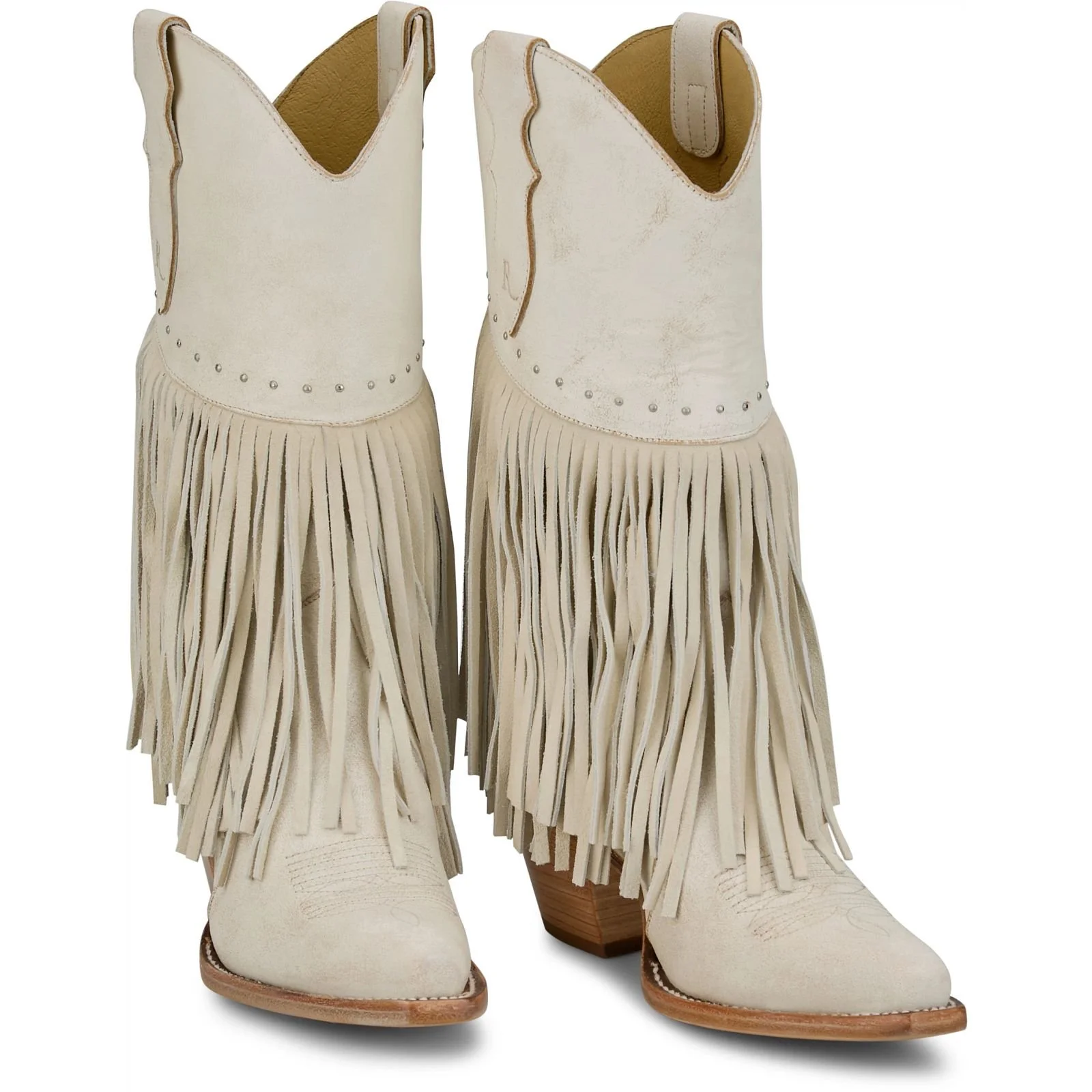 Justin Boots Nell 12-inch western boots with fringe and stud detail ivory