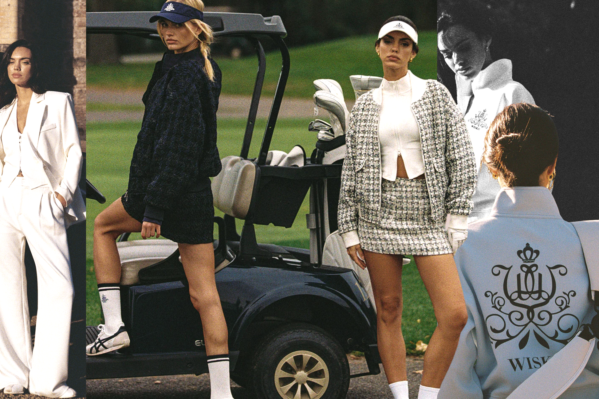 Sable West Club Standard, WISKII Active women's golf editorial 2026, models in tweed and houndstooth separates beside golf cart on course, premium women's golf fashion