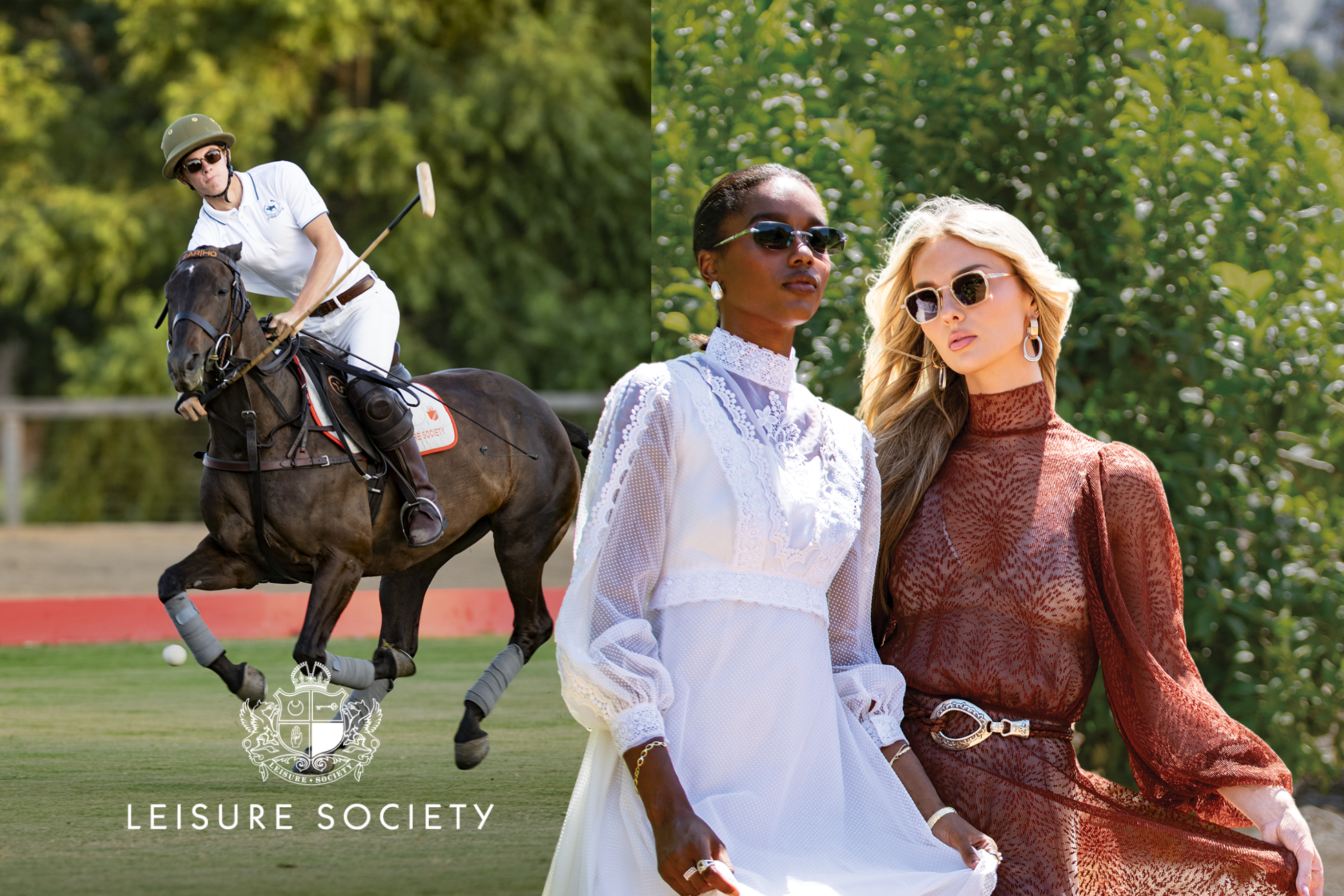Sable West Club Standard, Leisure Society campaign 2026, two women in luxury handcrafted sunglasses at polo match, California heirloom fine eyewear