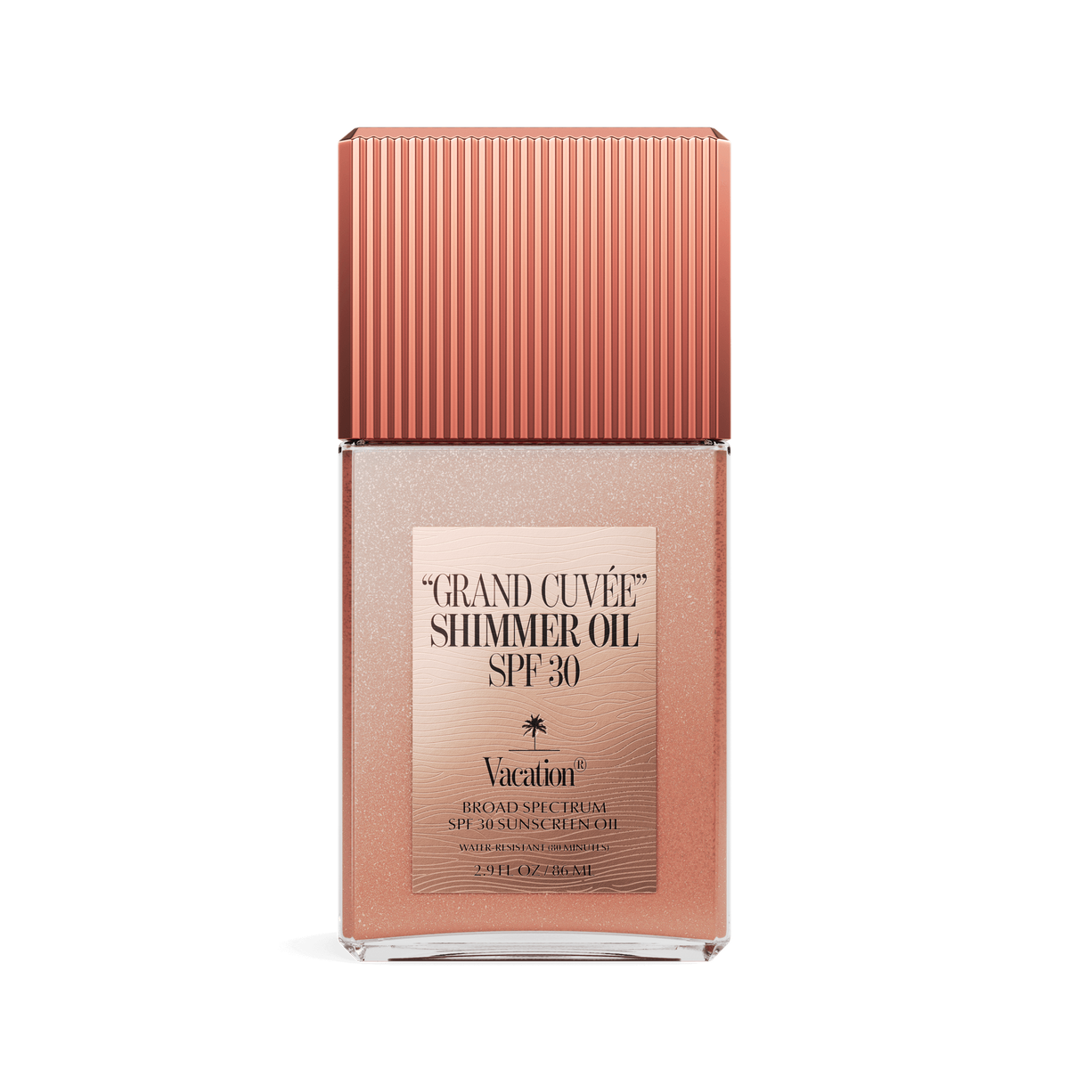 Vacation Grand Cuvée shimmer oil SPF 30 bottle, champagne styling