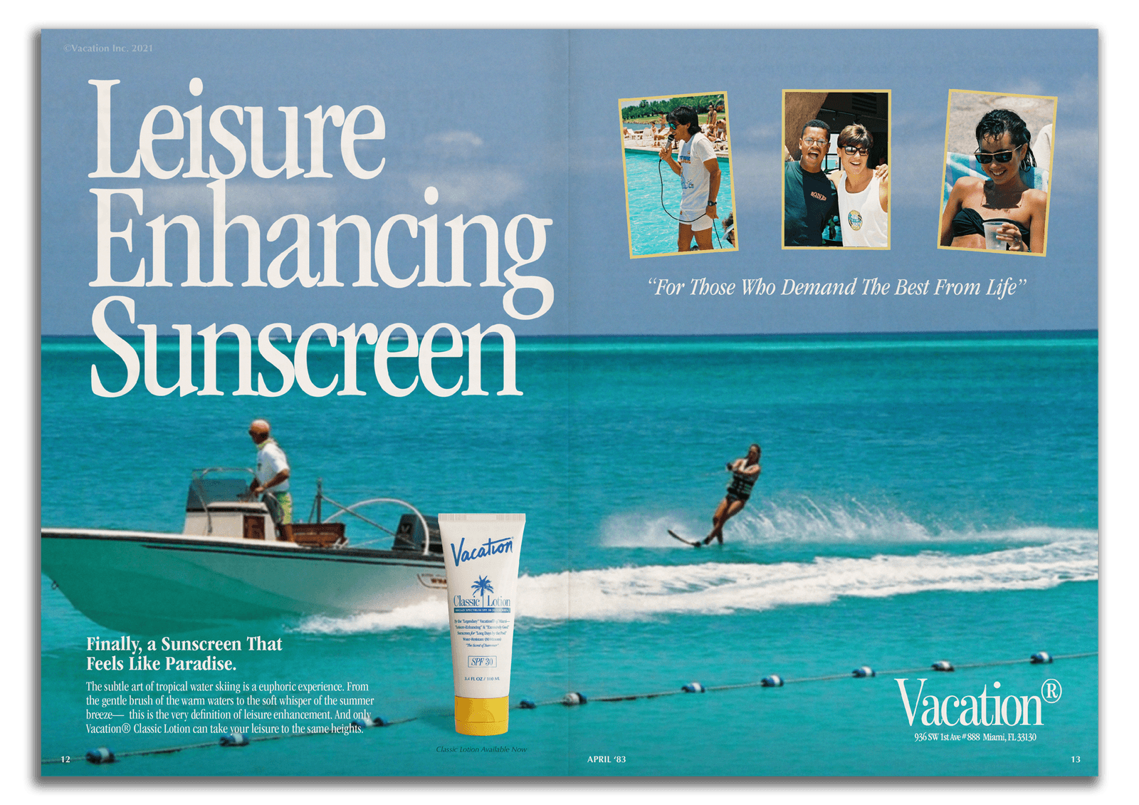 Vacation Classic Lotion SPF 30 sunscreen shown in a retro 1980s-style magazine spread with a water skier, speedboat, and turquoise ocean, courtesy of Vacation, featured in the SABLE WEST Bella Hadid style edit 2026