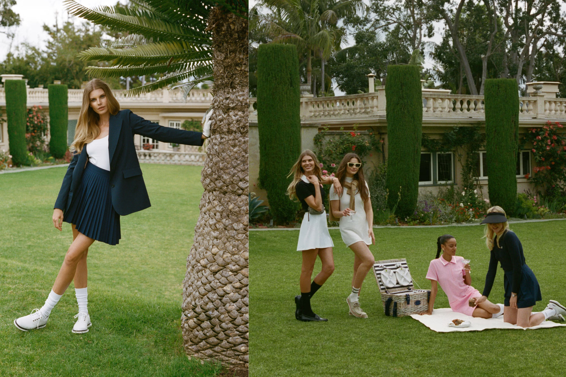 Sable West Club Standard, Malbon Golf women's campaign 2026, model in navy blazer and pleated skirt at luxury estate picnic, women's golf fashion