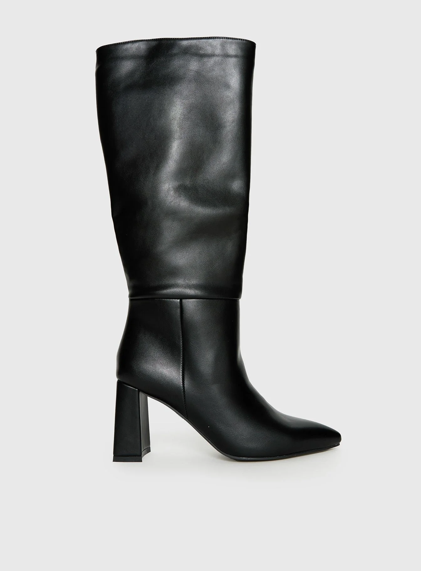 Princess Polly Vesper knee high boots in black faux leather, pointed toe