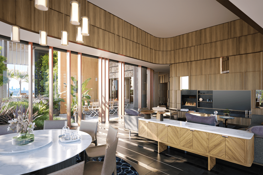 Modern luxury living room with open floor plan, featuring a marble dining table, contemporary chairs, large windows with a view of greenery, a fireplace, and stylish pendant lights.