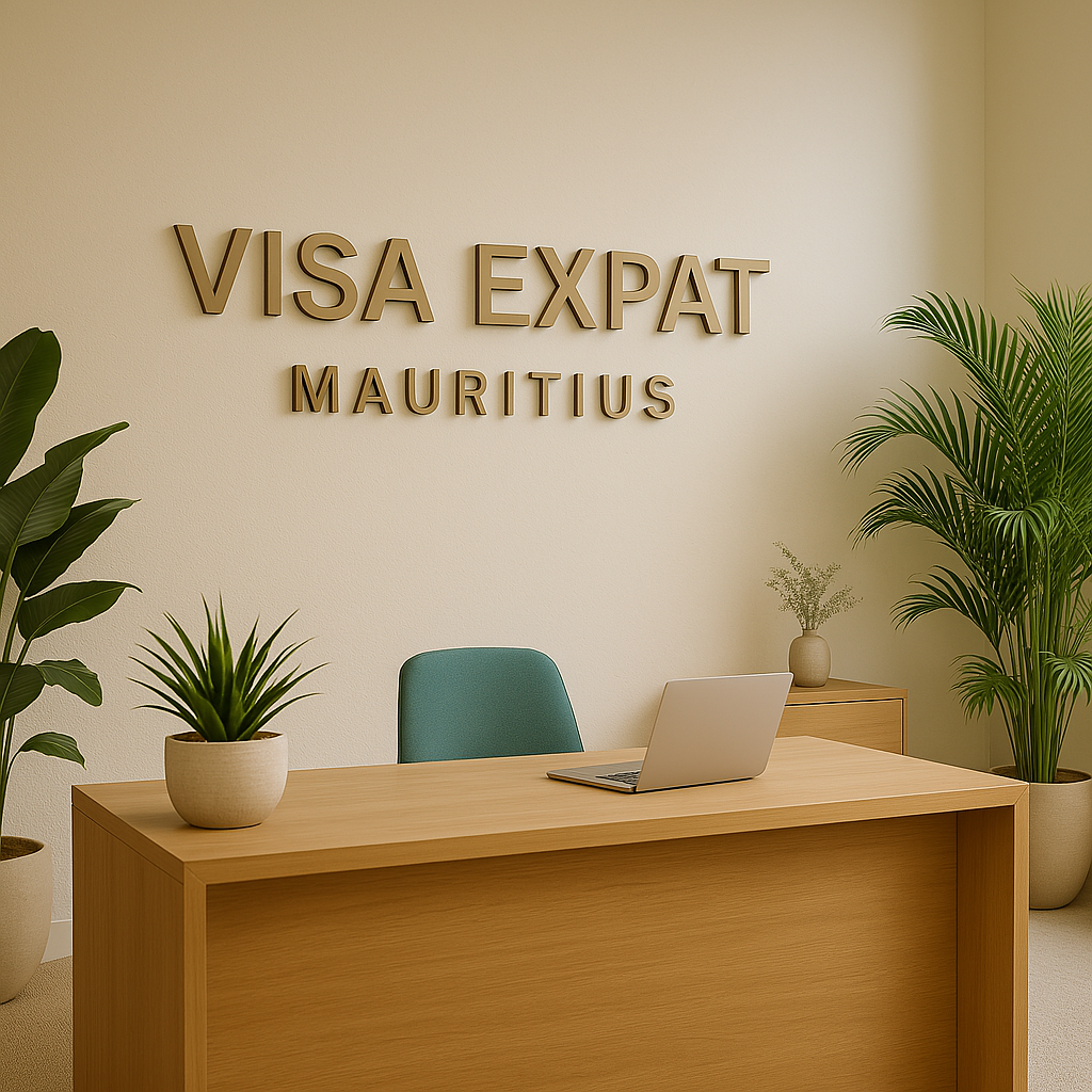 Bureau avec une plante en pot, un ordinateur portable sur une table en bois, et un panneau avec l'inscription "VISA EXPAT MAURITIUS" au mur
