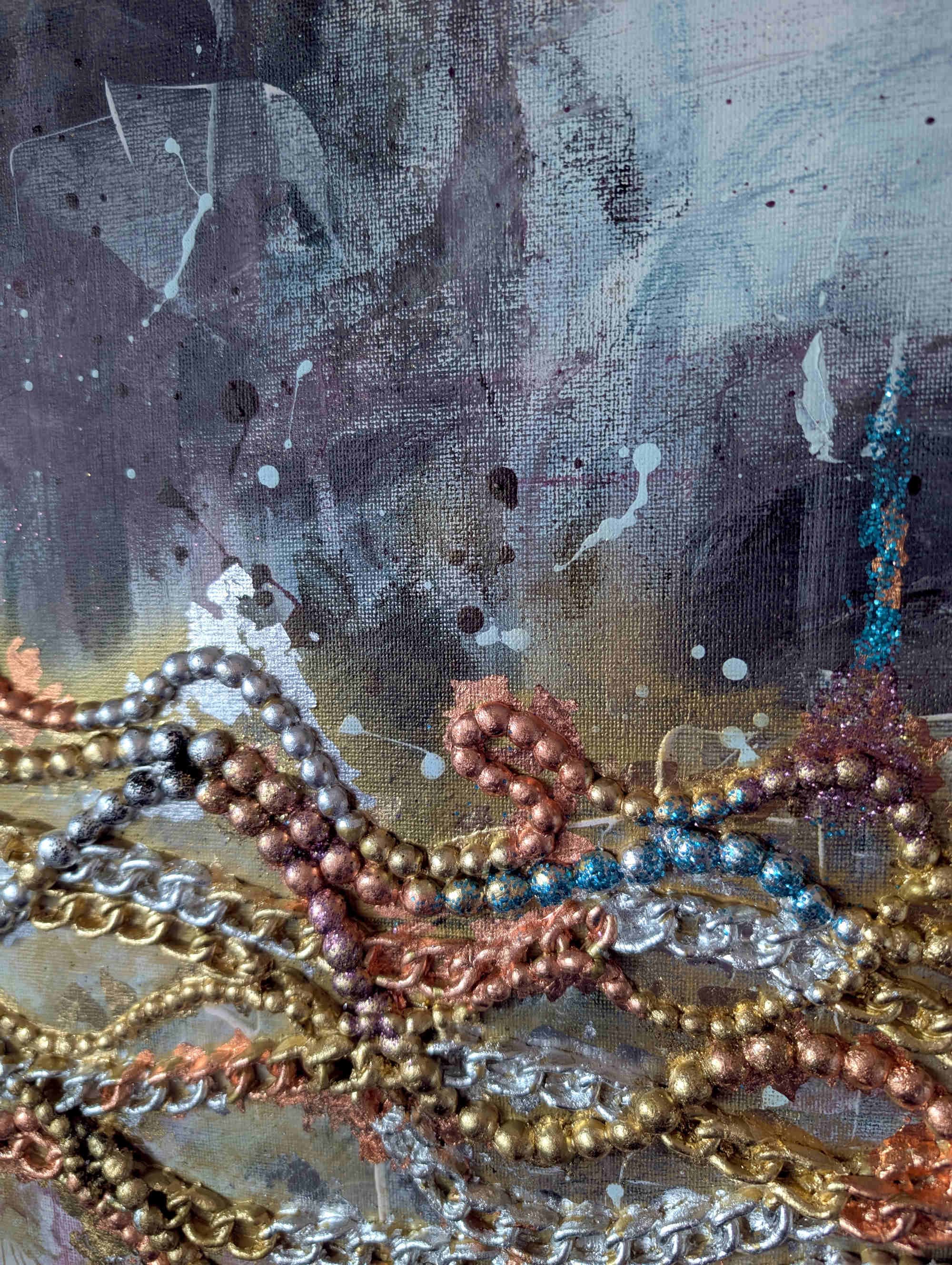 Chained together. 2025. Mixed media on canvas. 100 x 50cm