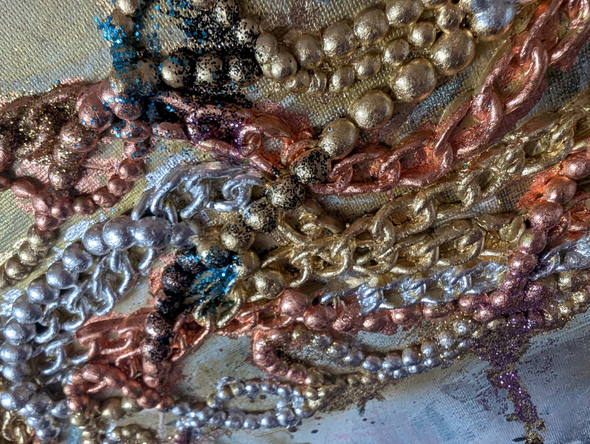 Chained together. 2025. Mixed media on canvas. 100 x 50cm