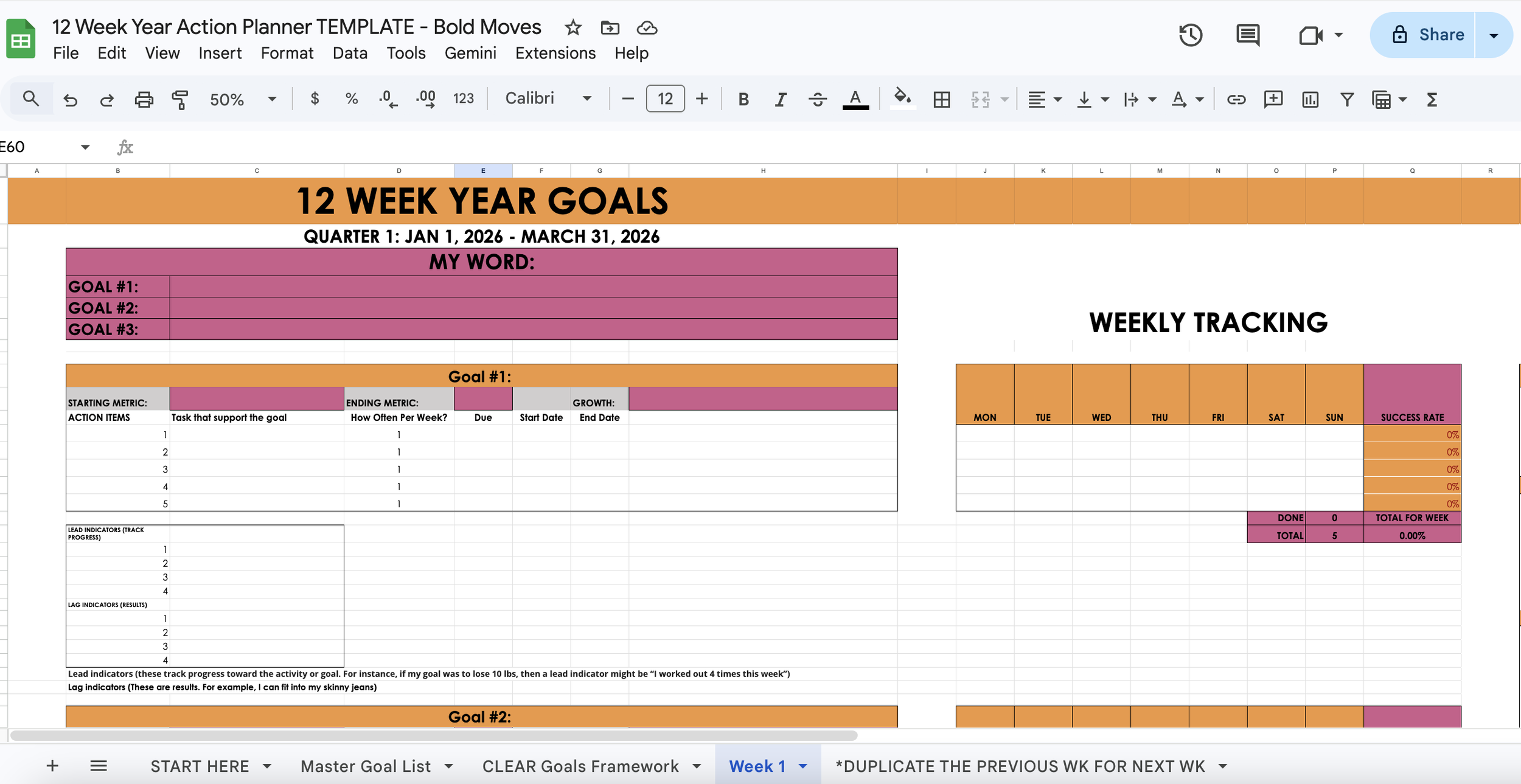 12 Week Year Digital Template (C.L.E.A.R. Goals Companion)