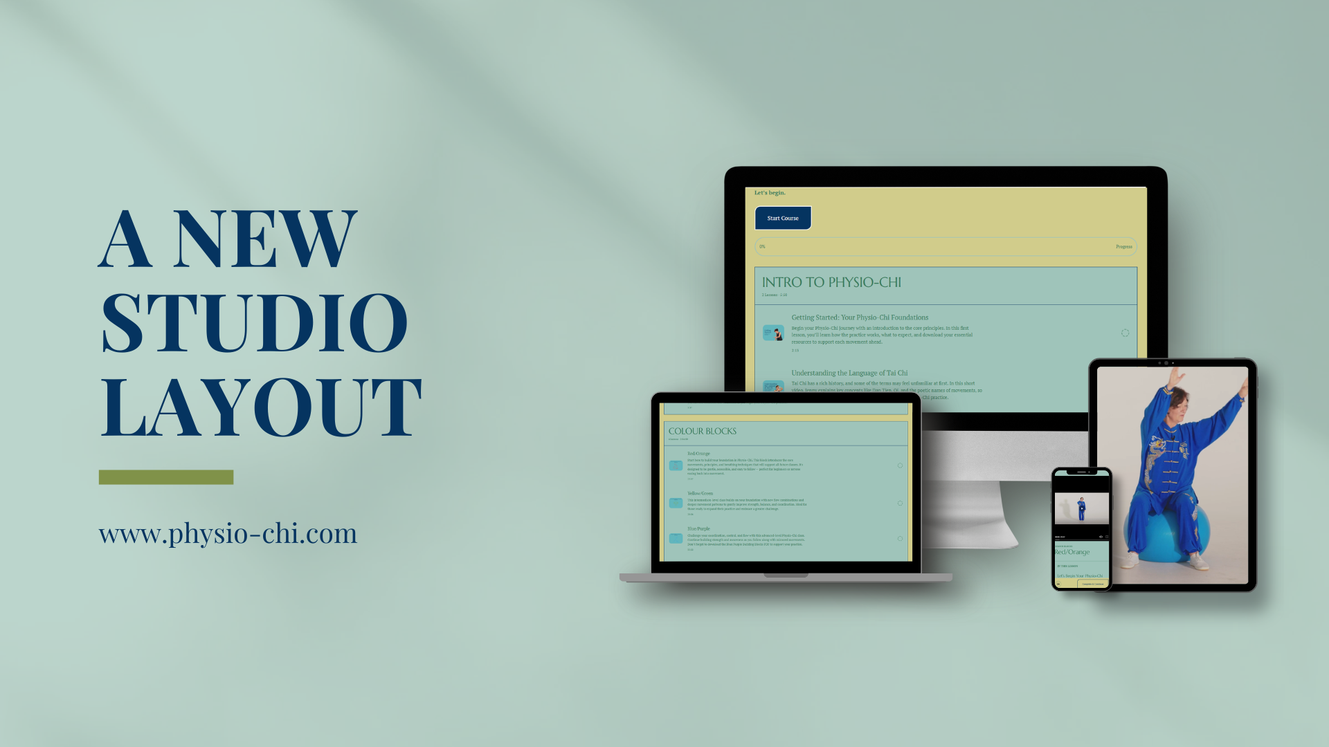 A new studio layout with examples of how to learn online Tai-Chi classes with the modified form of Phsyio-Chi