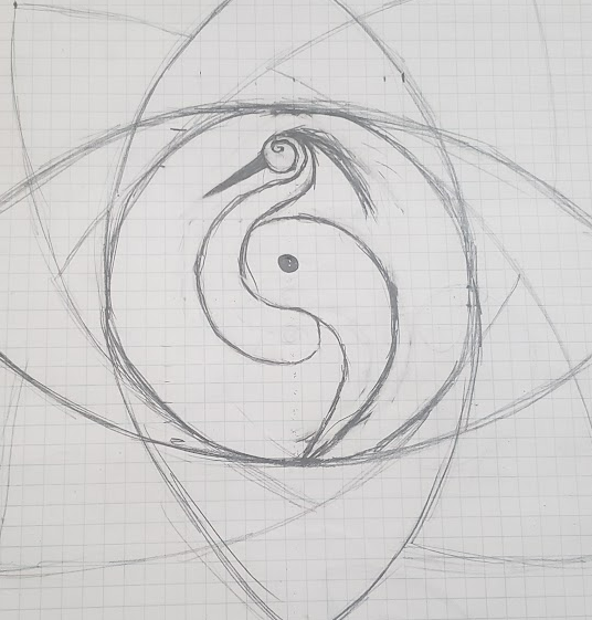 Abstract pencil sketch featuring a stylized yin-yang symbol and geometric shapes on graph paper.