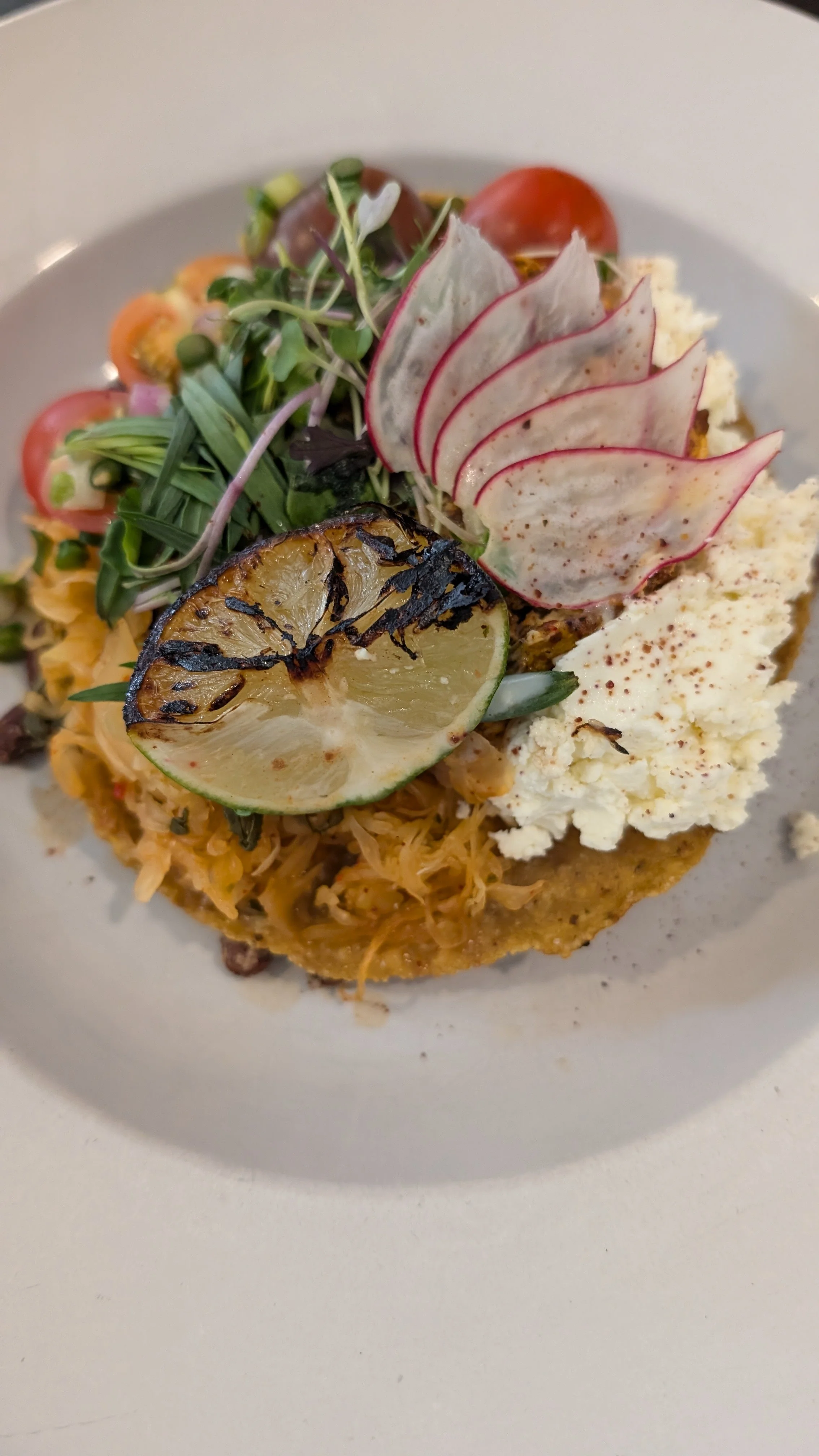 Plate of food with grilled lime, sliced radish, microgreens, cherry tomatoes, cheese, and a tortilla base.