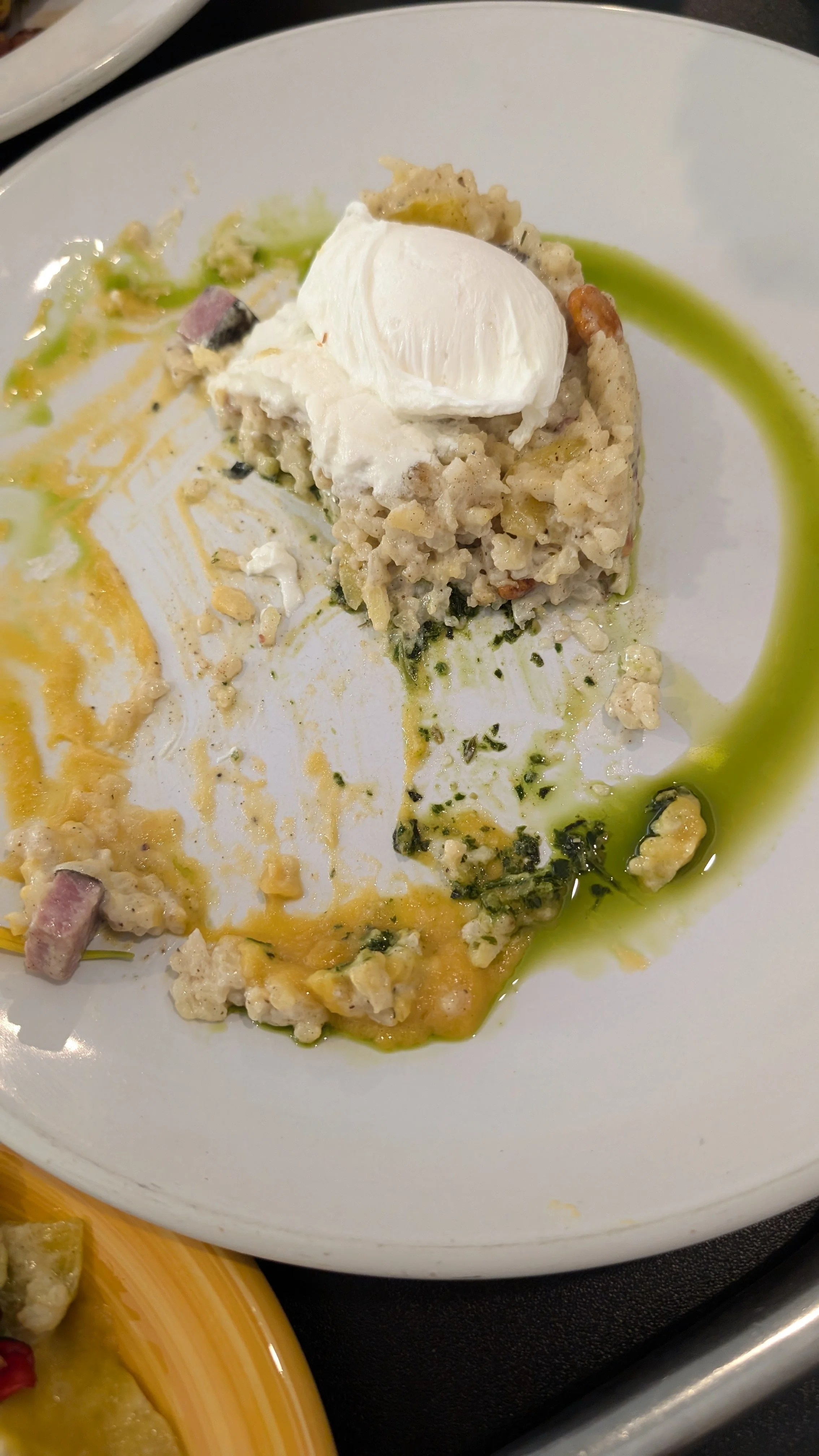 Partially eaten risotto with a poached egg on a white plate, drizzled with green sauce.