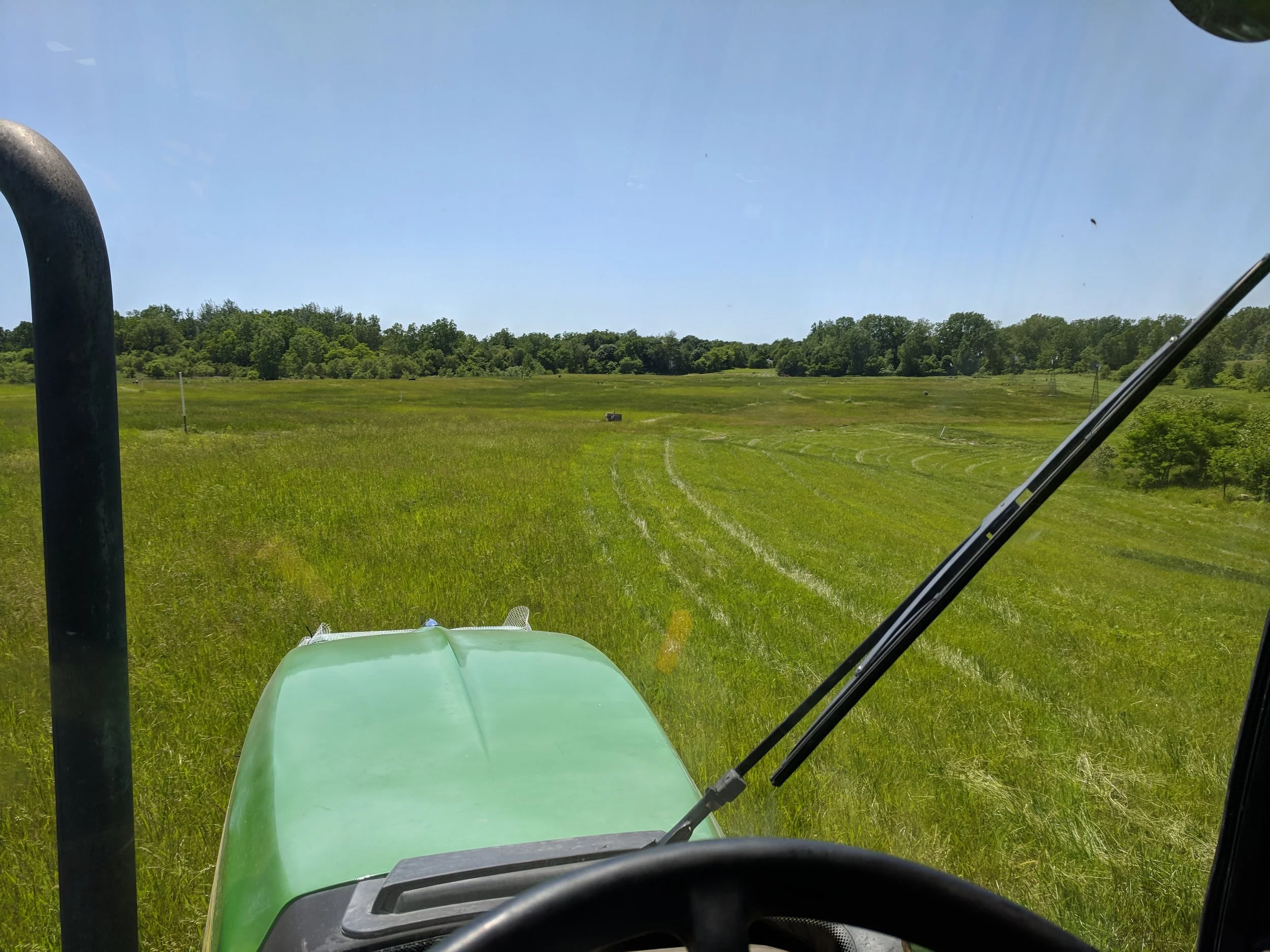 View from inside a tractor on a grassy field with clear blue sky