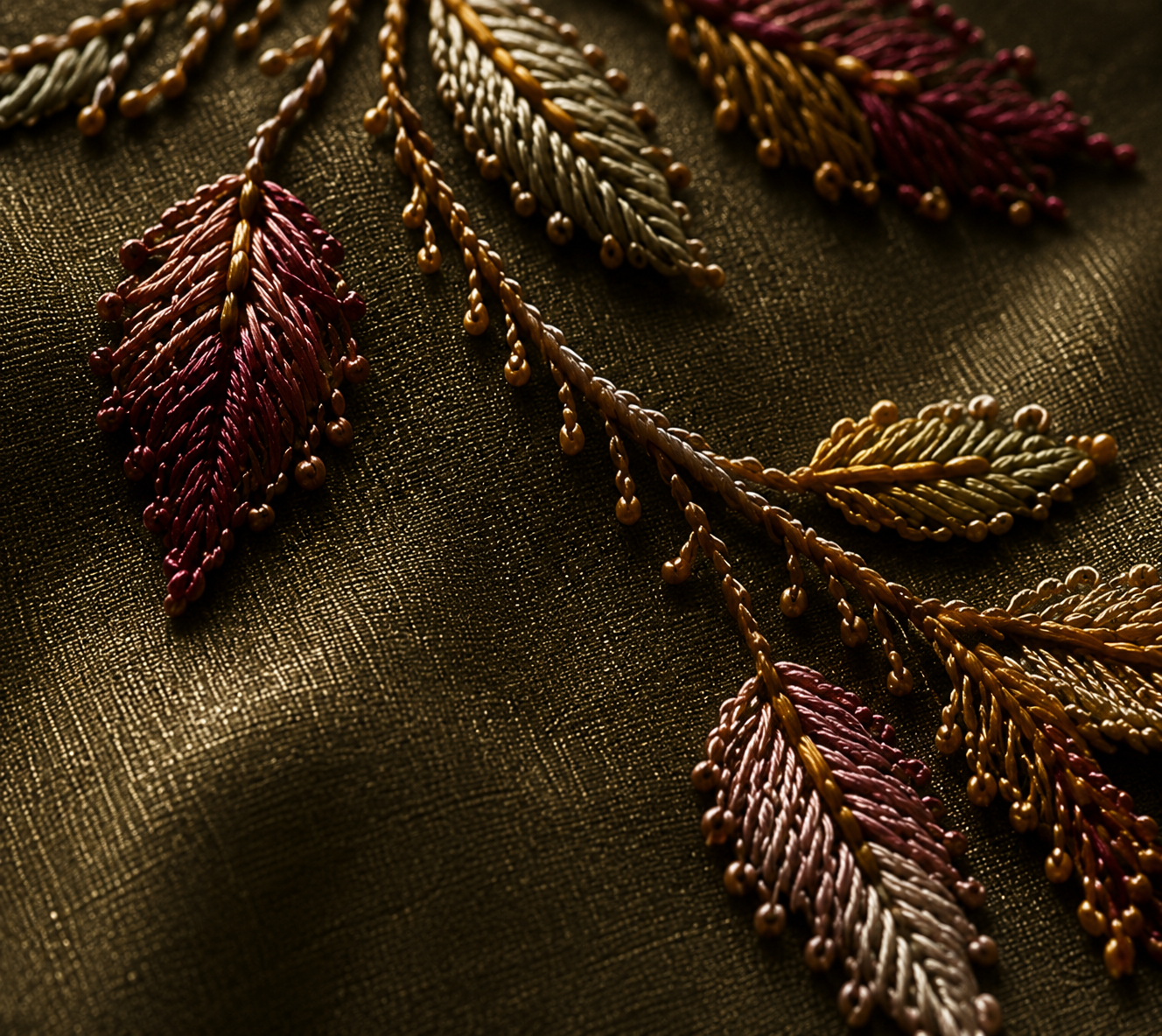 Close-up of embroidered decorative leaves in red, pink, yellow, gray, and gold on a dark metallic fabric background.