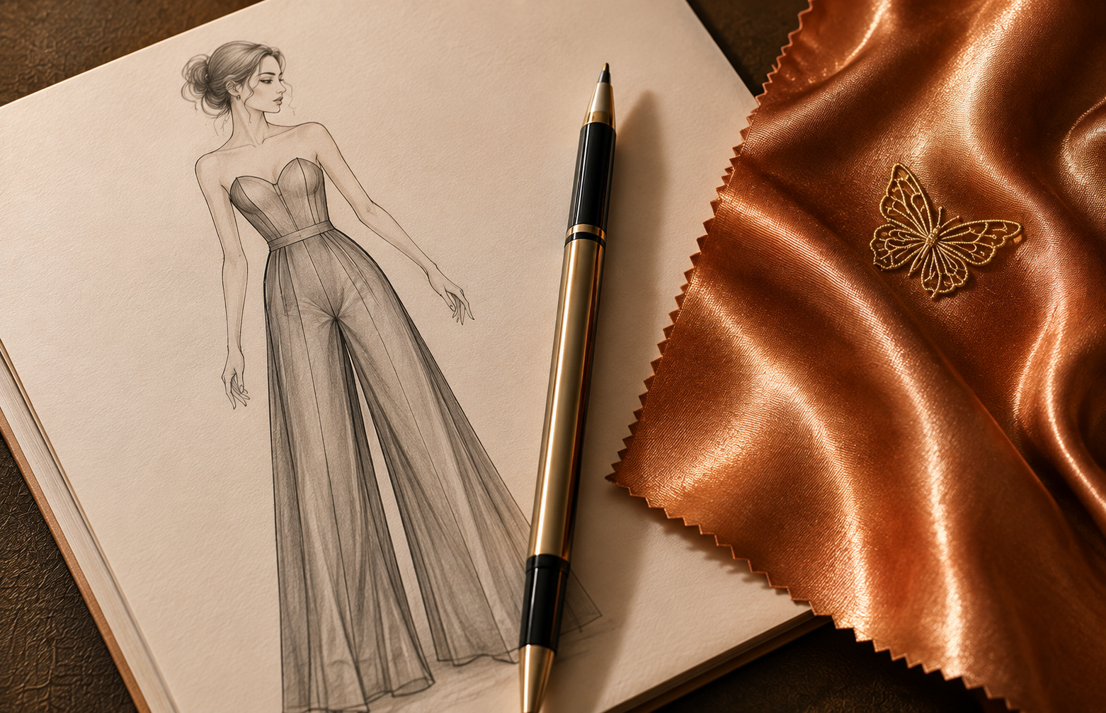 A fashion design sketch of a woman in a strapless gown with a fitted bodice and sheer, flowing skirt, placed on an open sketchbook. A gold and black pen lies across the sketch, and a piece of shiny copper-colored fabric with a butterfly pin is draped beside it.