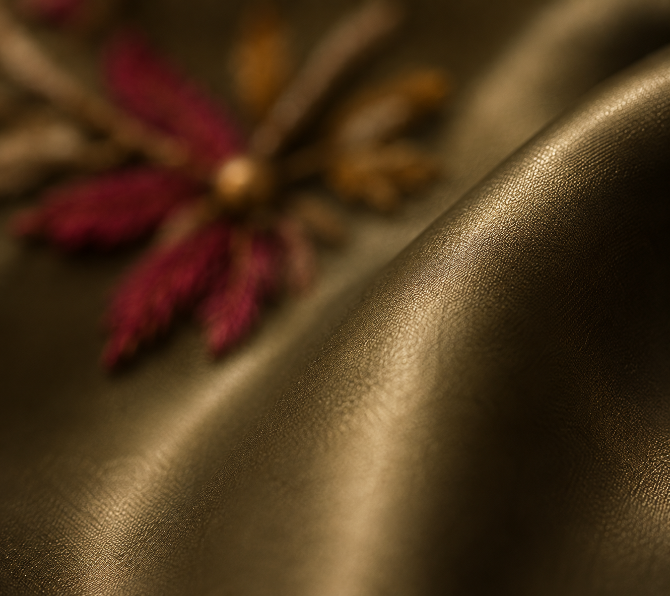 Close-up of a shiny, textured gold fabric with an embroidered leaf pattern in shades of red and gold.