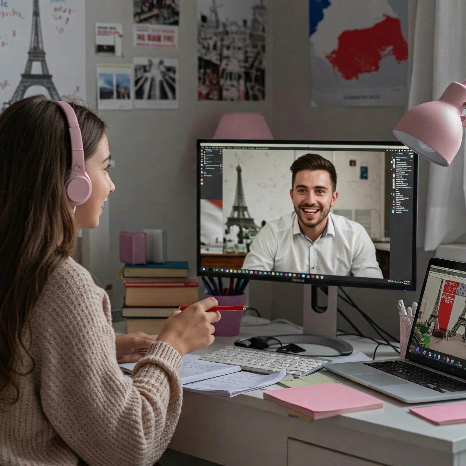 Young woman with headphones, smiling and holding a pen during an online language lesson, her room decorated with posters and a map of Spain, illustrating the engaging and confident communication fostered by Eulexia Tutoring's Sound Path Spanish.
