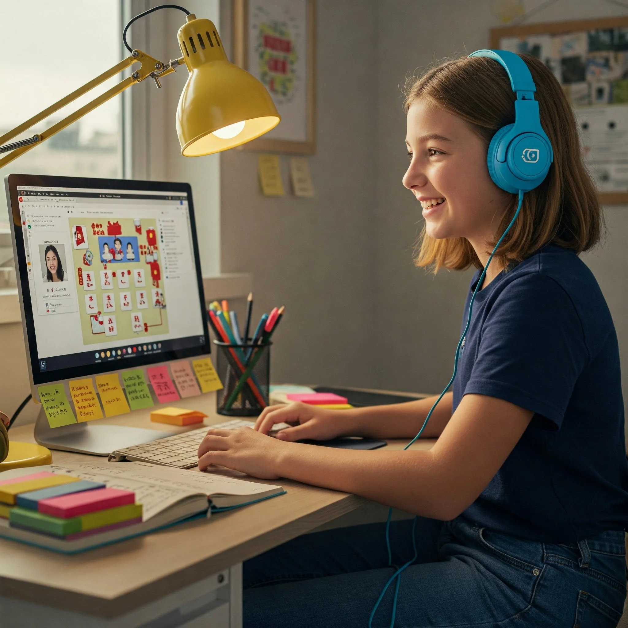 Smiling young girl in blue headphones, enjoying a colorful educational activity on her computer, demonstrating the engaging and playful learning method Eulexia Tutoring uses in programs like Sound Start Literacy to build foundational skills.