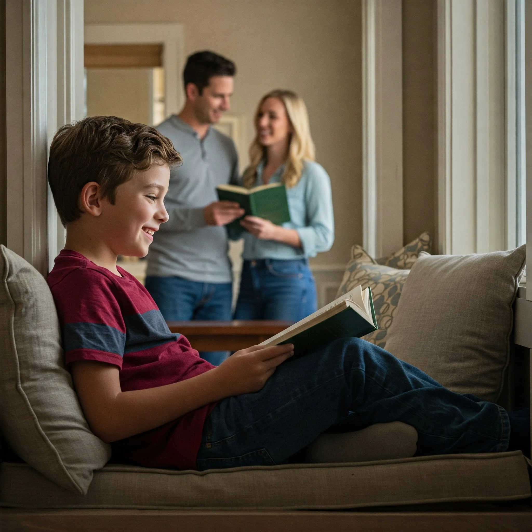 A young boy in a red and gray striped shirt, confidently reading on the couch, while his parents share a knowing look in their cozy living room, reflecting the independent literacy and supportive family atmosphere aided by Eulexia Tutoring.