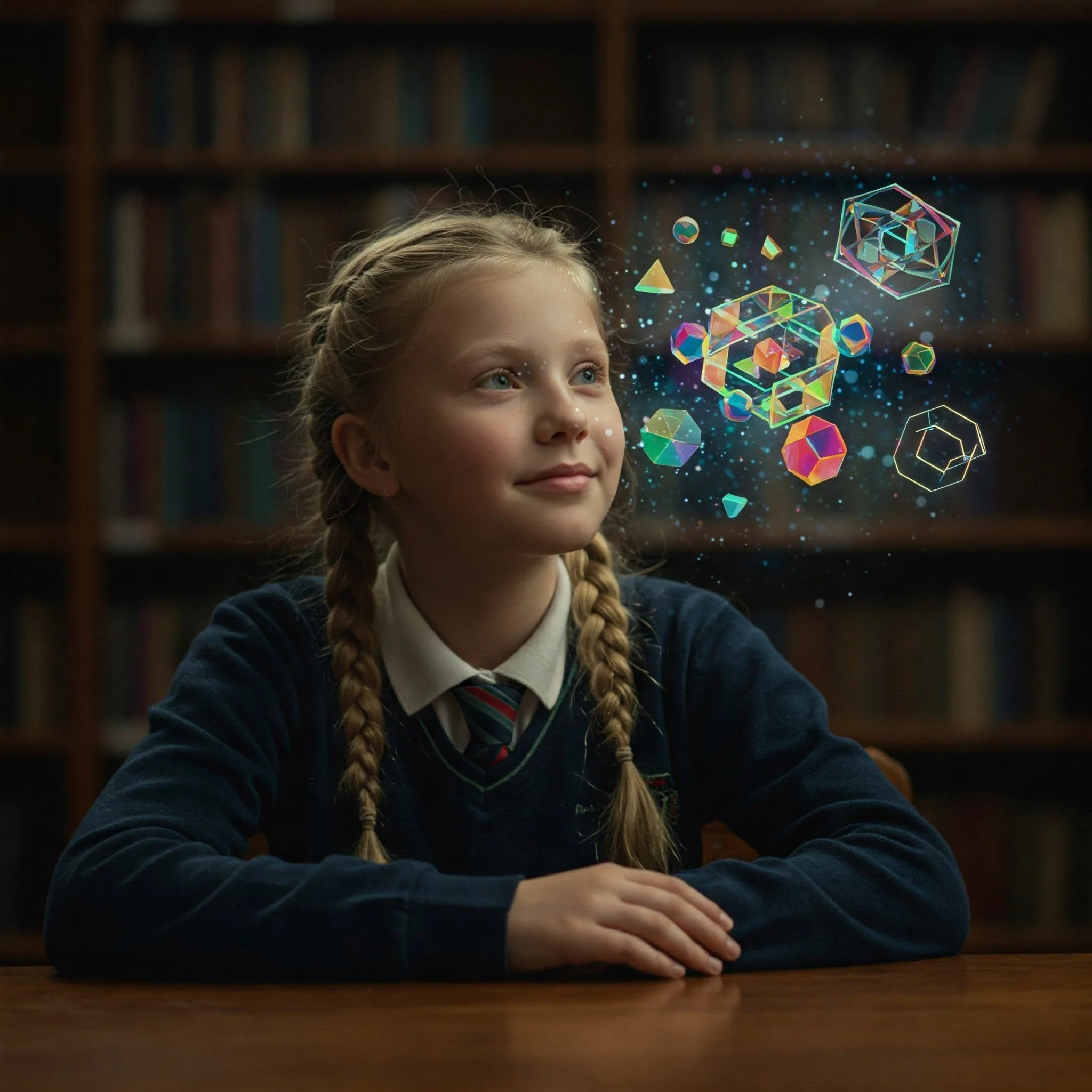 Young girl in school uniform with braided hair, at a library table with holographic geometric shapes floating nearby, demonstrating the enhanced visualization, memory, and problem-solving skills learned in Eulexia Tutoring's Focused Mind Foundations.