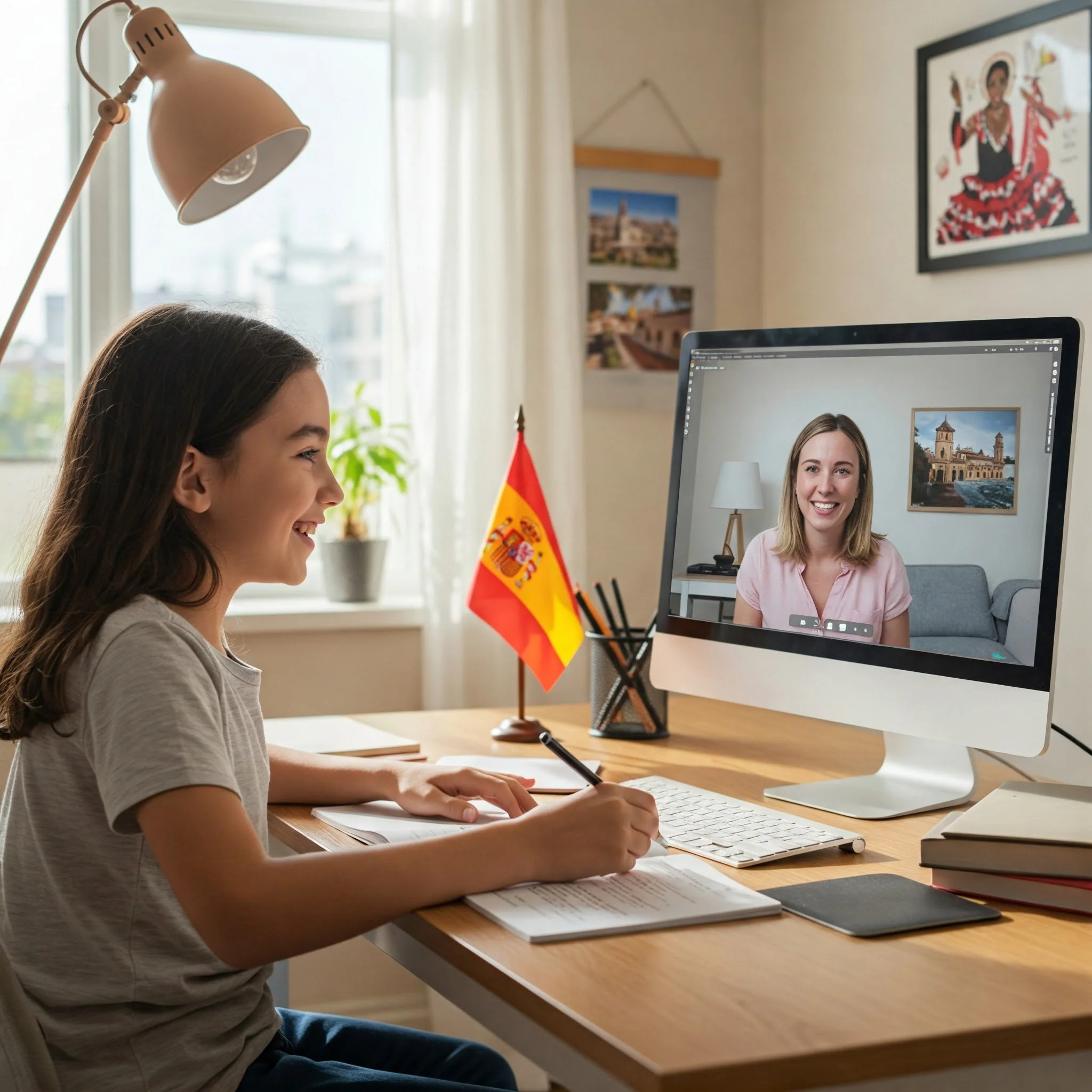 Young girl engaged in an online Spanish lesson via video call with her tutor (woman on screen), her room featuring a Spanish flag and cultural pictures, showcasing the immersive learning and confident communication developed through Eulexia Tutoring.