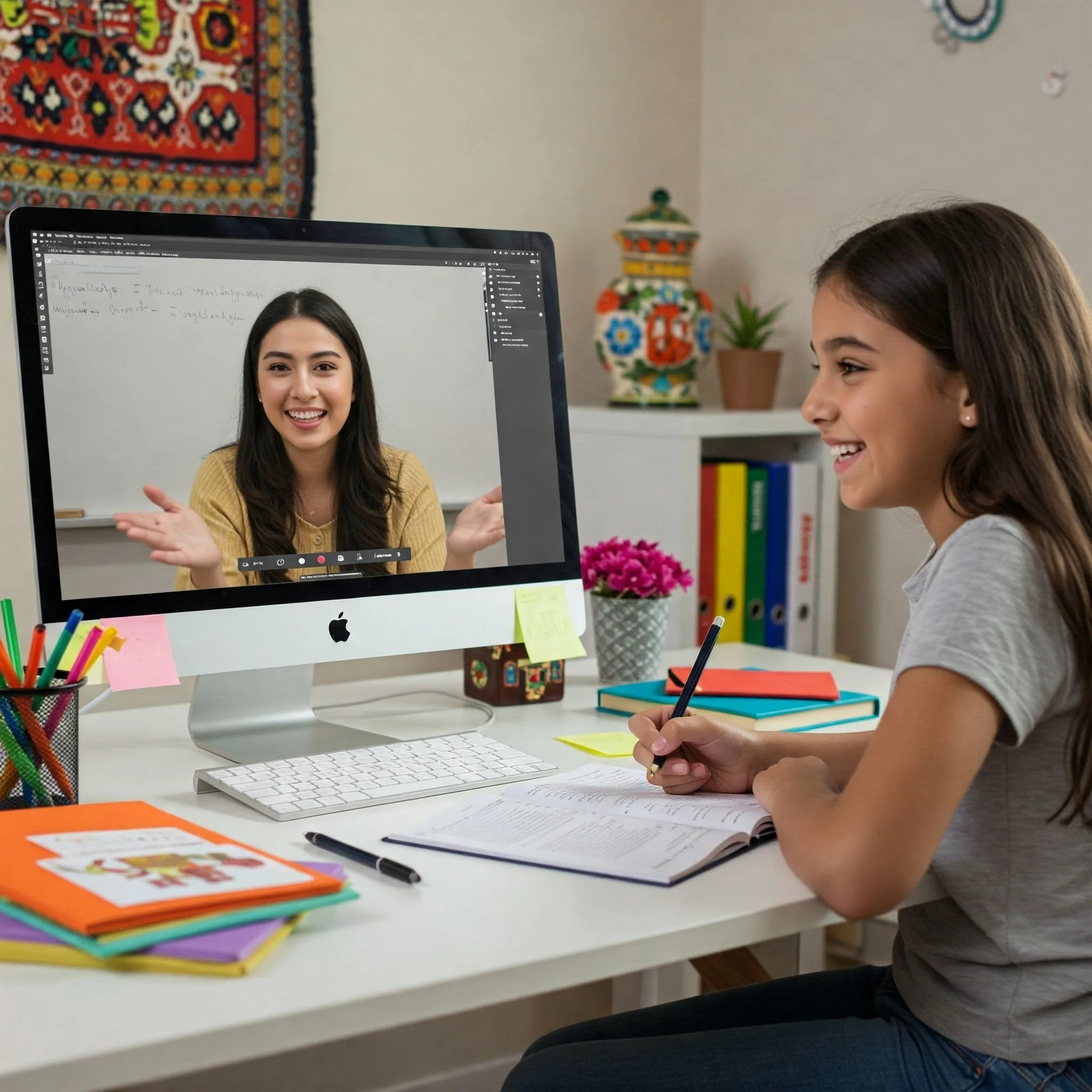 Smiling student at her desk, writing in a notebook while interacting on a video call with her Eulexia Tutoring instructor (woman on screen), demonstrating active participation and skill application during a personalized online lesson.
