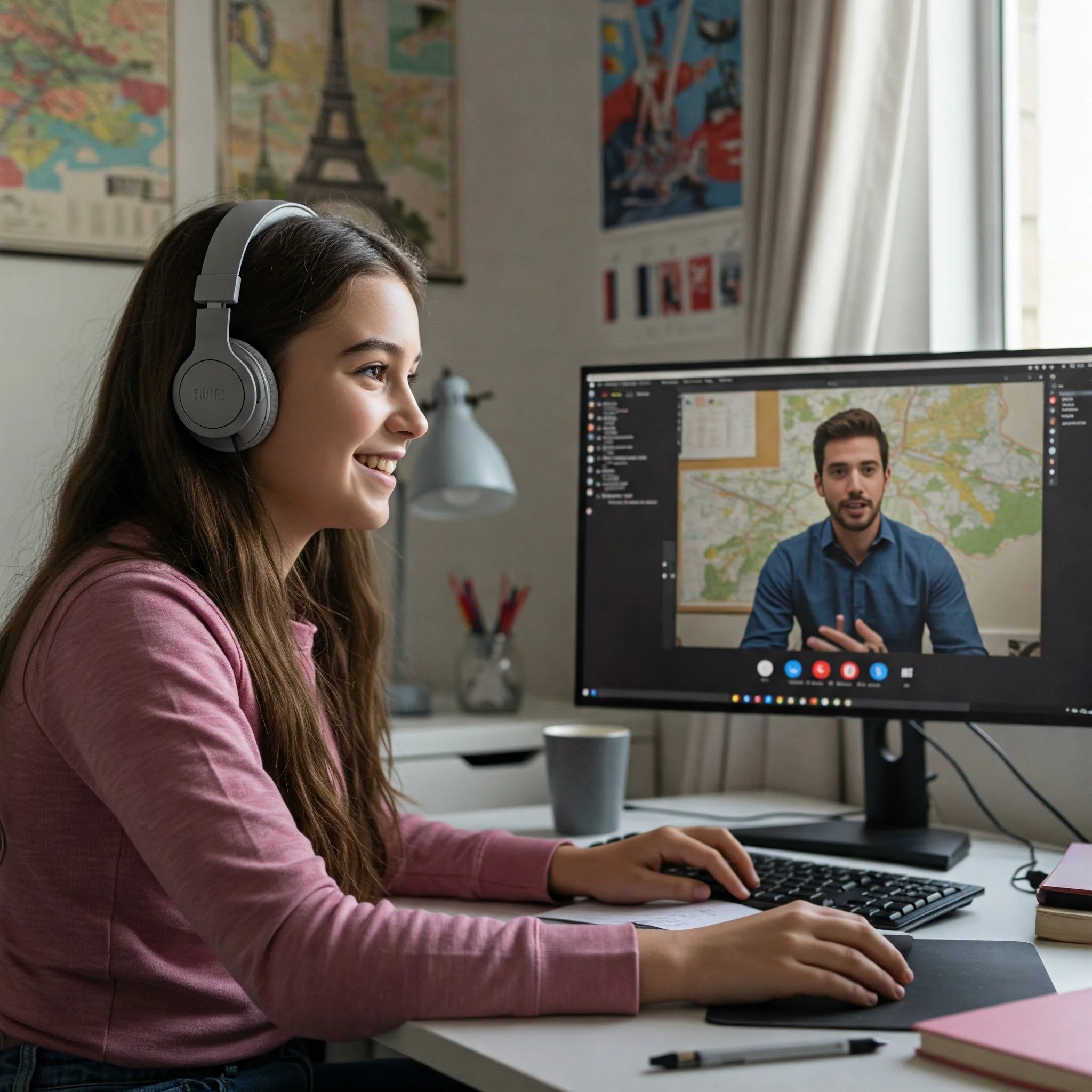 Young woman in pink shirt and headphones, learning online via video call with a Eulexia Tutoring instructor, her desk set with books, a pen, and coffee, and maps/posters in the background, illustrating Eulexia's engaging and effective tutoring.