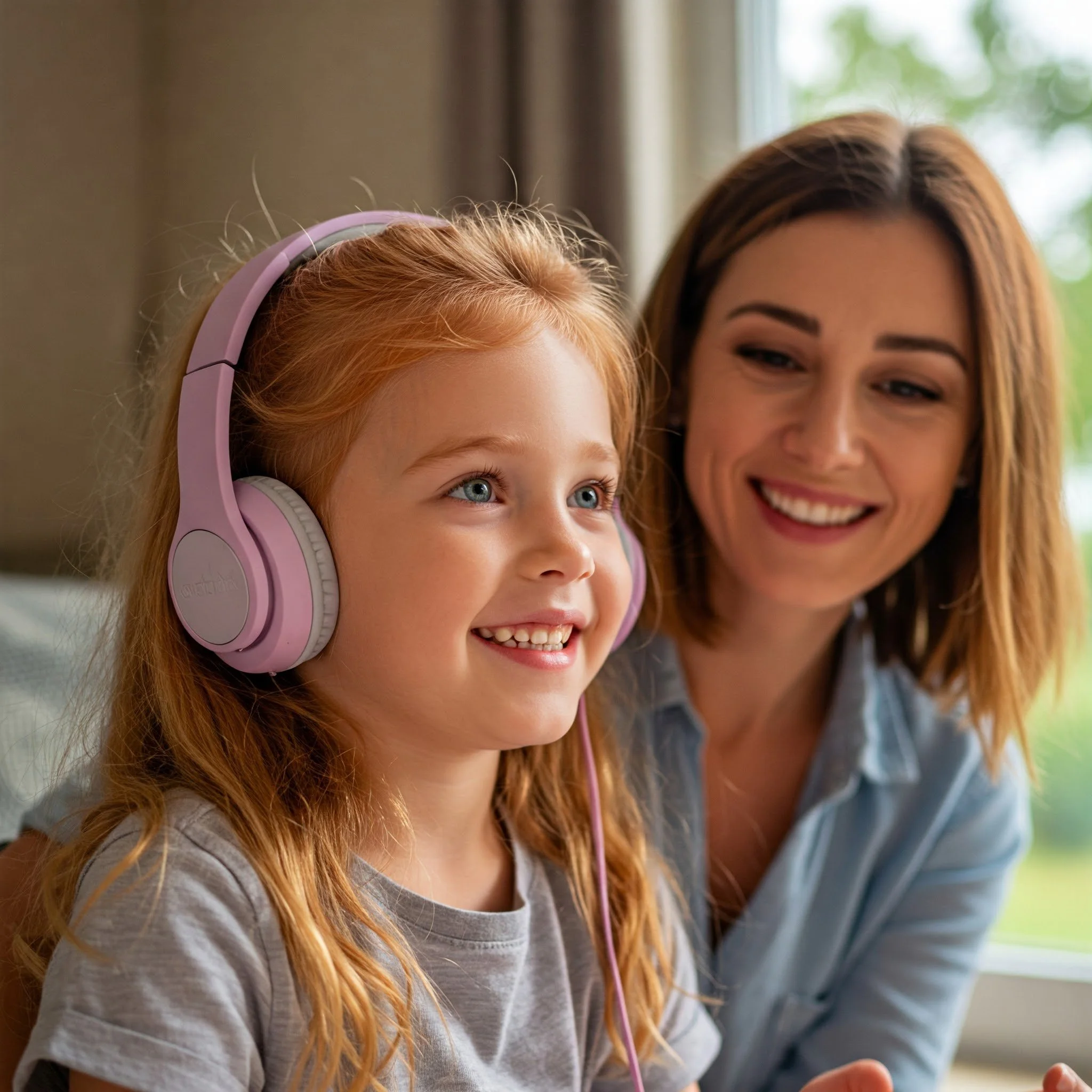 Young girl with red hair and pink headphones, smiling alongside a supportive woman (tutor or parent) by a window with greenery outside, showcasing the joyful engagement and confidence built through Eulexia Tutoring's personalized online instruction.