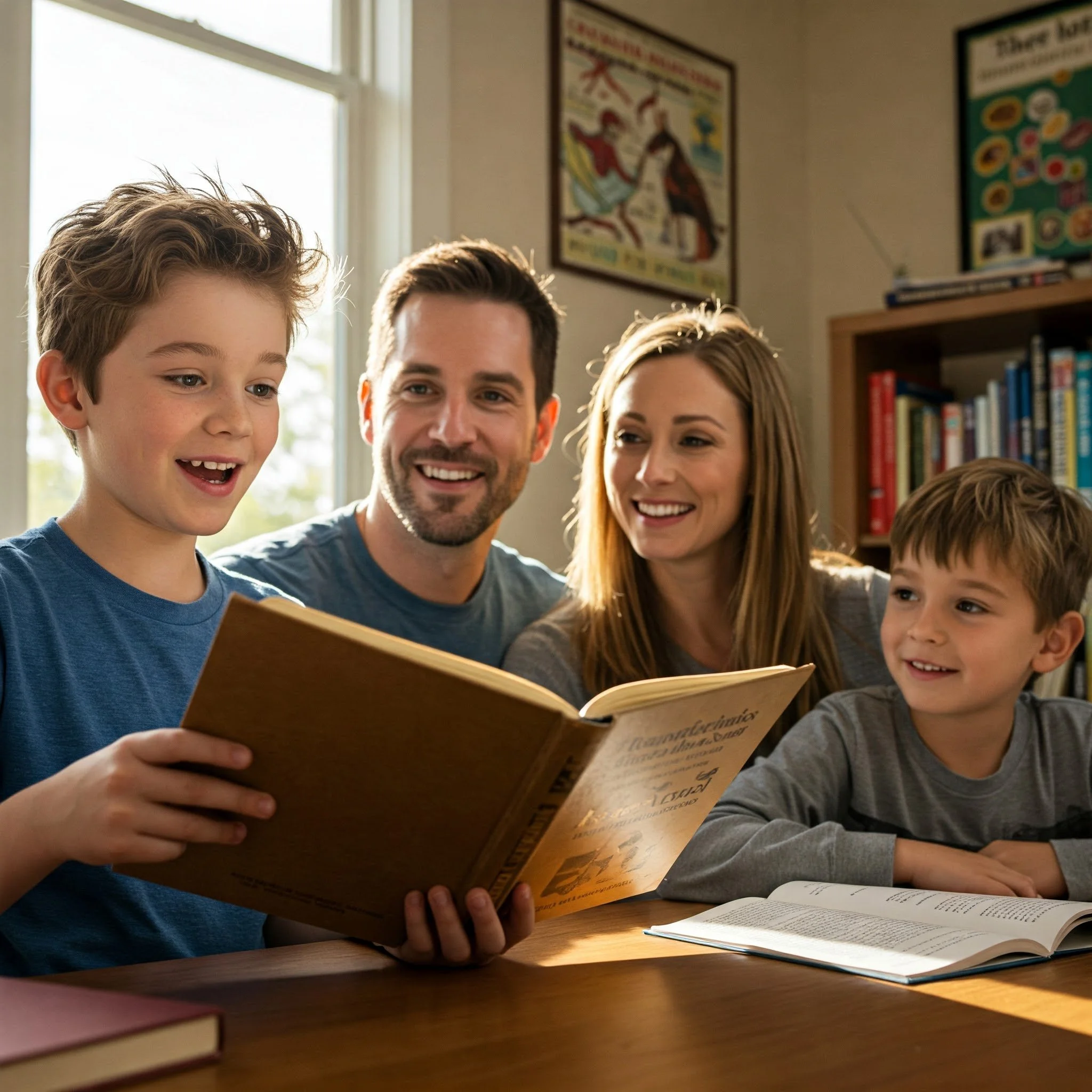 A family of four—parents and two children—share a book in a cozy room with bookshelves and a window, demonstrating the love for reading and strong home literacy foundation actively built with Eulexia Tutoring's principled parent guidance and support.