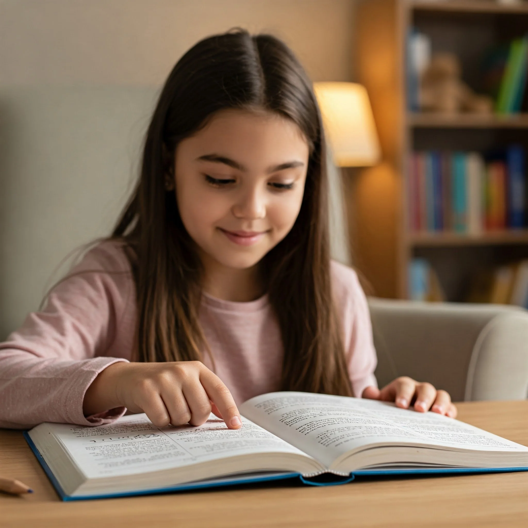 Smiling young girl with long brown hair pointing to her book on a wooden table in a cozy room with bookshelves and a lamp, demonstrating the clear understanding and reading confidence developed through Eulexia Tutoring's principled programs.