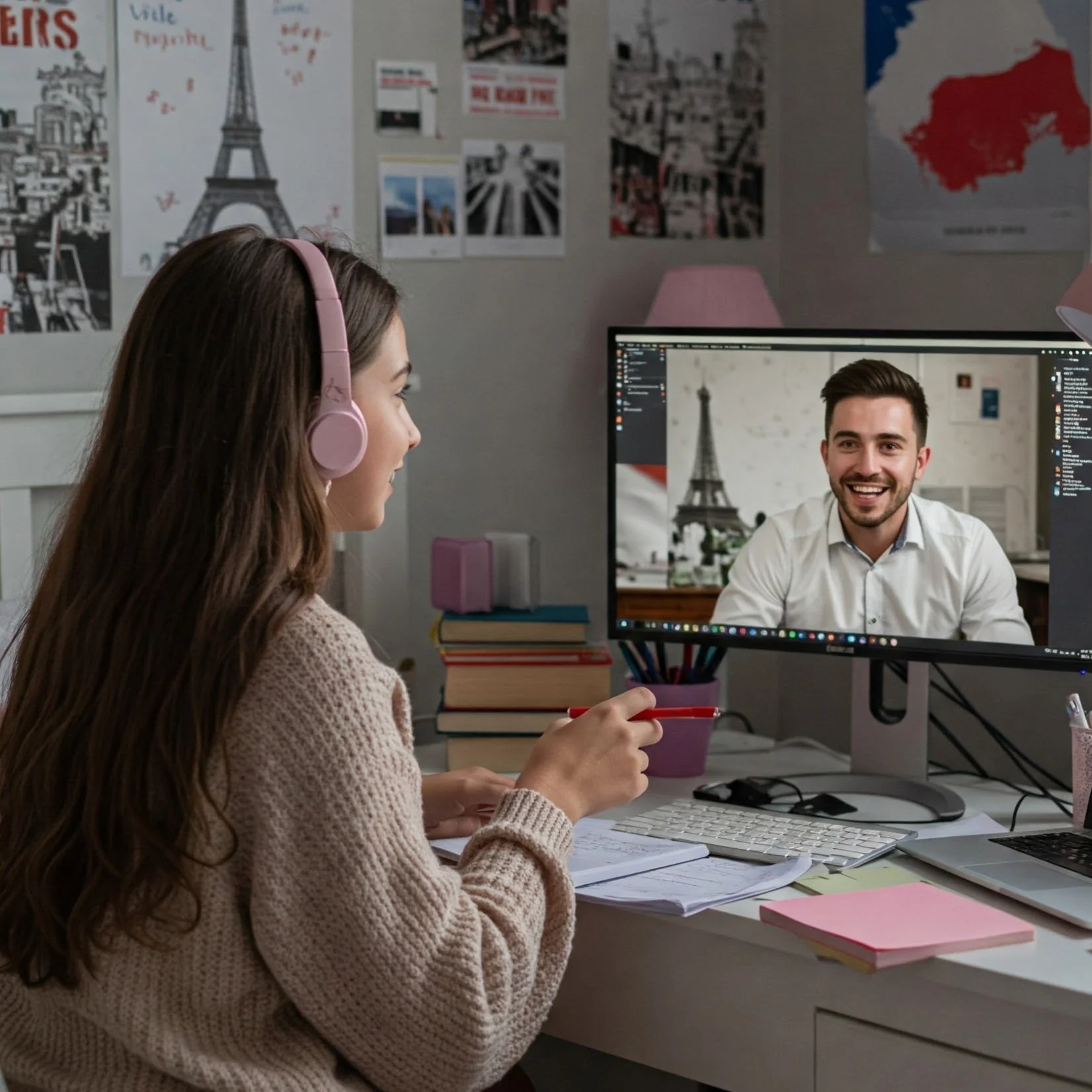 Student wearing pink headphones, engaged in an online French video call with a smiling instructor (Eiffel Tower on screen), showcasing confident communication and cultural connection through Eulexia Tutoring's Sound Path French program.