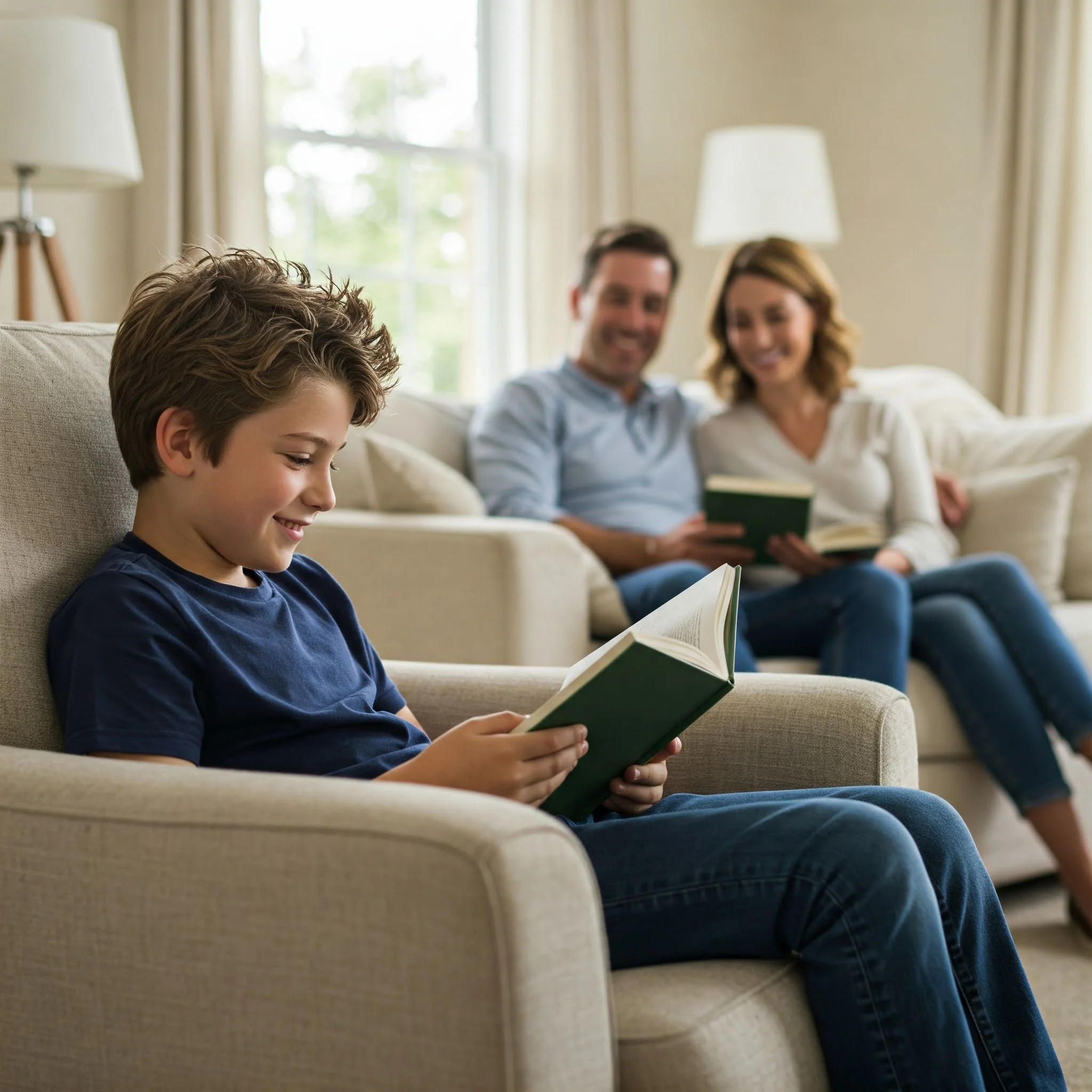 Boy independently reading on a beige armchair, with his smiling family of three also enjoying books on a sofa in the cozy, window-lit living room, reflecting the confident literacy and positive home learning environment fostered by Eulexia Tutoring.