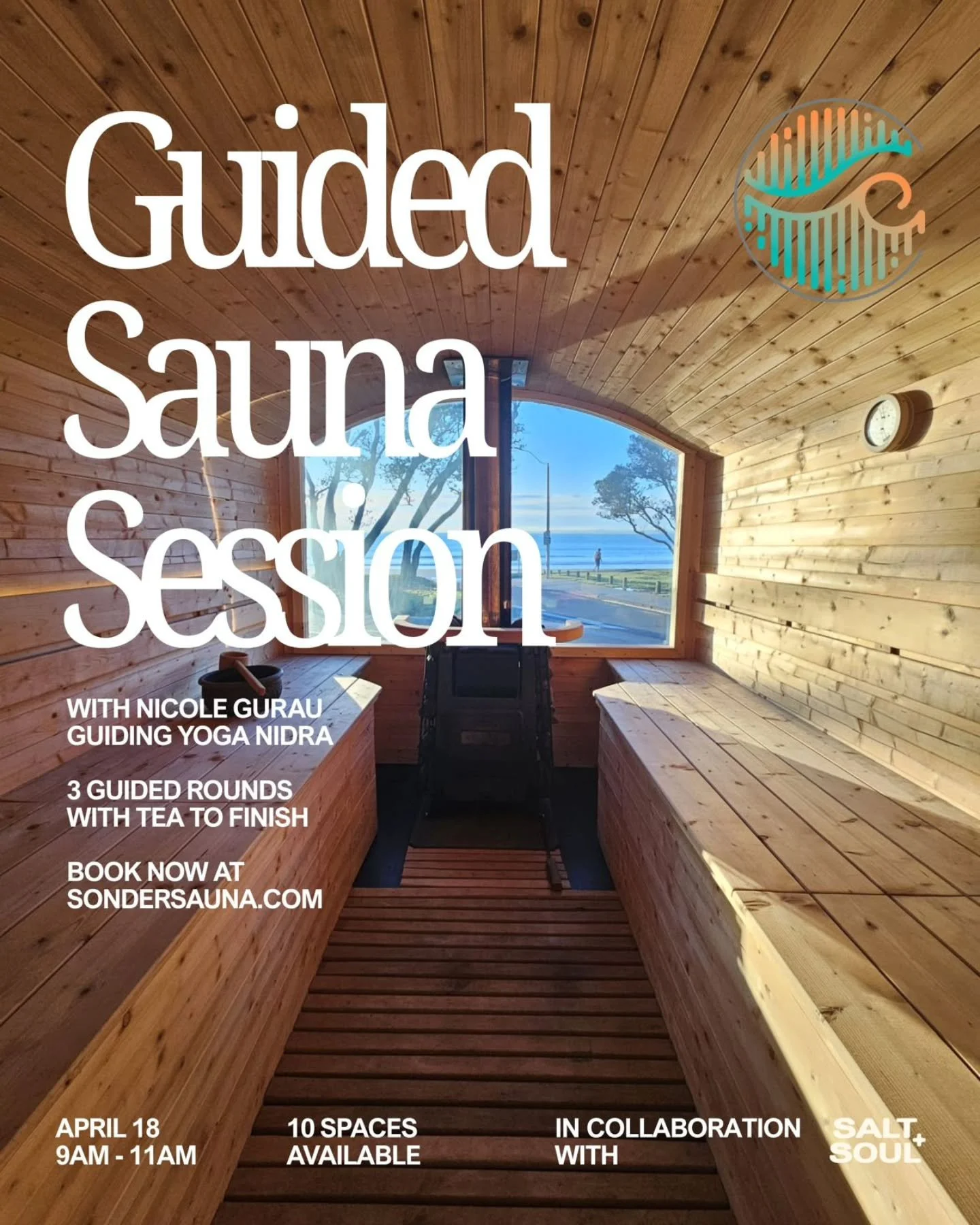 This guided sauna session with Nicole from Salt &amp; Soul, in collaboration with Sonder Sauna, follows a yoga nidra inspired approach to help you slow down and reset.
Across the session, you&rsquo;ll move between heat, stillness, and optional ocean 