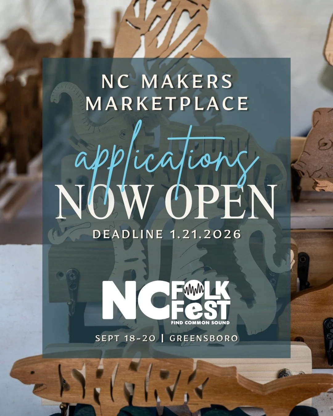 ✨ NC Makers Marketplace Applications are Open! ✨

Calling all makers, creators, and artisans&mdash;this is your moment to shine at NC Folk Fest. Apply now to be part of our NC Makers Marketplace and share your craft with thousands of festival-goers.
