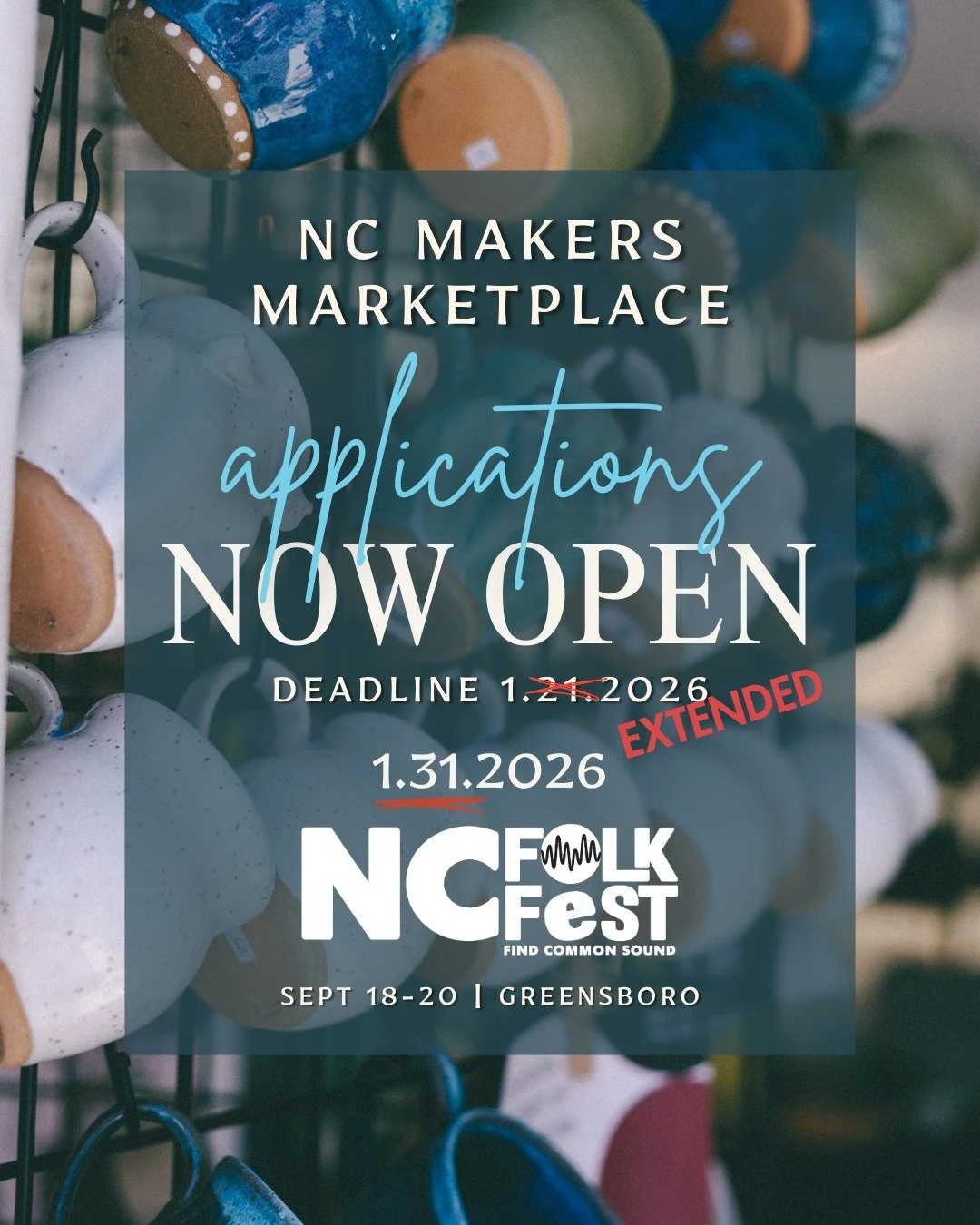 Don't fret! The Makers Marketplace application deadline has been extended to January 31! 

Makers Marketplace Categories eligible items include, but are not limited to: 
🔸 Pottery/ceramics
🔸Custom Furniture
🔸Textile Art
🔸Printmaking
🔸Handmade Cl
