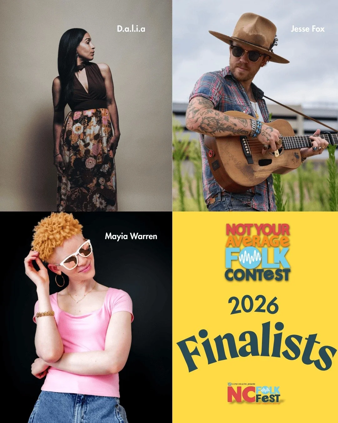 Introducing the top 3 finalists of the 2026 Not Your Average Folk Contest!

After a nationwide search and hundreds of entries, the panelists have chosen @daliawritesmusic, @mayiawarren, and @jessefoxmusic as the top 3 finalists. Now we need YOUR help