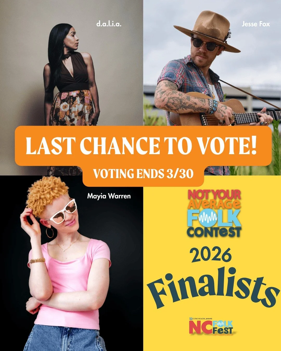 Last chance to vote for our Not Your Average Folk contest finalists.

Voting ends tomorrow, Monday March 30. Cast your vote now at ncfolkfestival.com/nyaf2026 and help choose who takes the stage at NC Folk Fest.

Vote today and tell a friend to do th