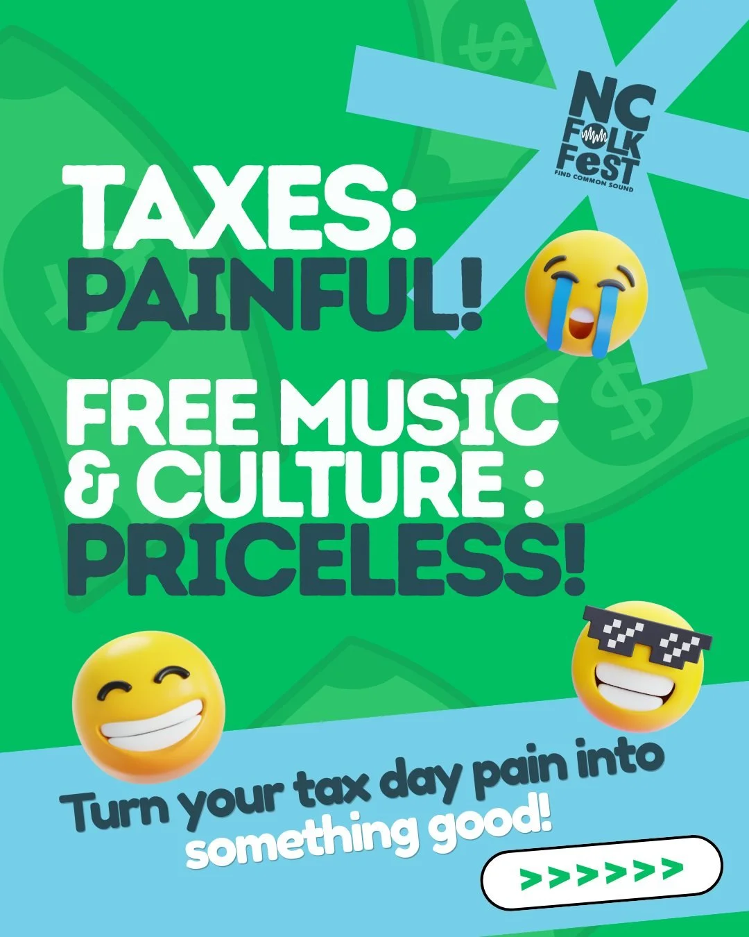 Happy Tax Day? 
Taxes: painful 💀
Live music > taxes 🎶
-
Turn your Tax Day pain into something actually good 👉 https://www.ncfolkfestival.com/giving