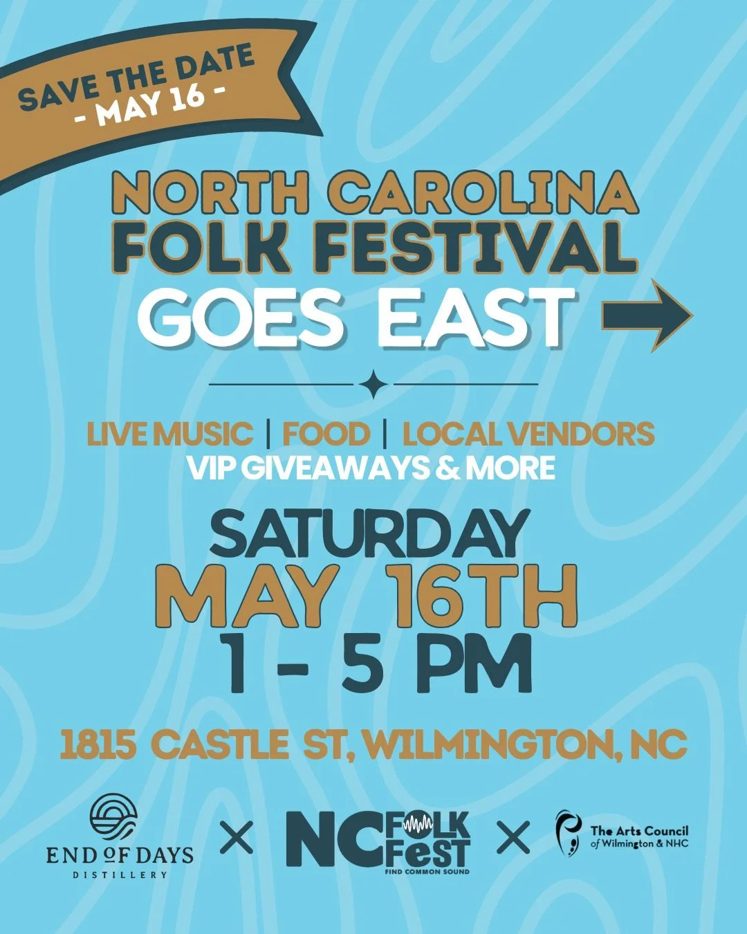 We are packing up the folk fest energy and taking it on the road! We are coming for you, Wilmington! 

May 16 at End of Days Distillery from 1pm-5pm enjoy a sample of what the North Carolina Folk Festival is all about: live music, food, and local ven