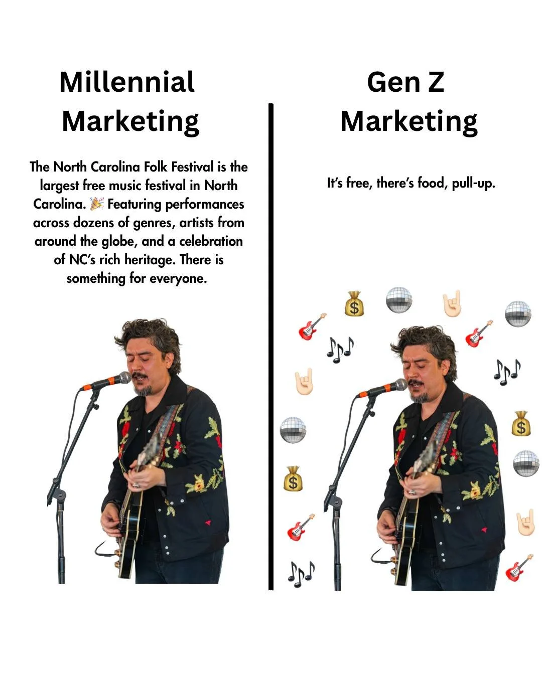 Regardless of your generation, The NC Folk Festival has something for you. 

#generationalfun #millennialvgenz #ncfolkfestival #thingstodoinnc #free