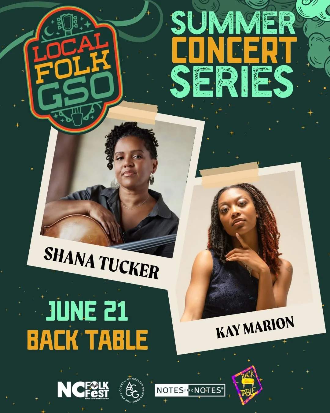 Local Folk Season 2 kicks off June 21 at The Back Table with Shana Tucker and Kay Marion. 

Shana Tucker is a cellist, singer-songwriter, and composer whose double-decade career is defined by her genre-defying artistry and commitment to fostering con