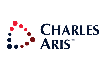 Charles Aris logo with a dotted triangular design in red and navy blue.