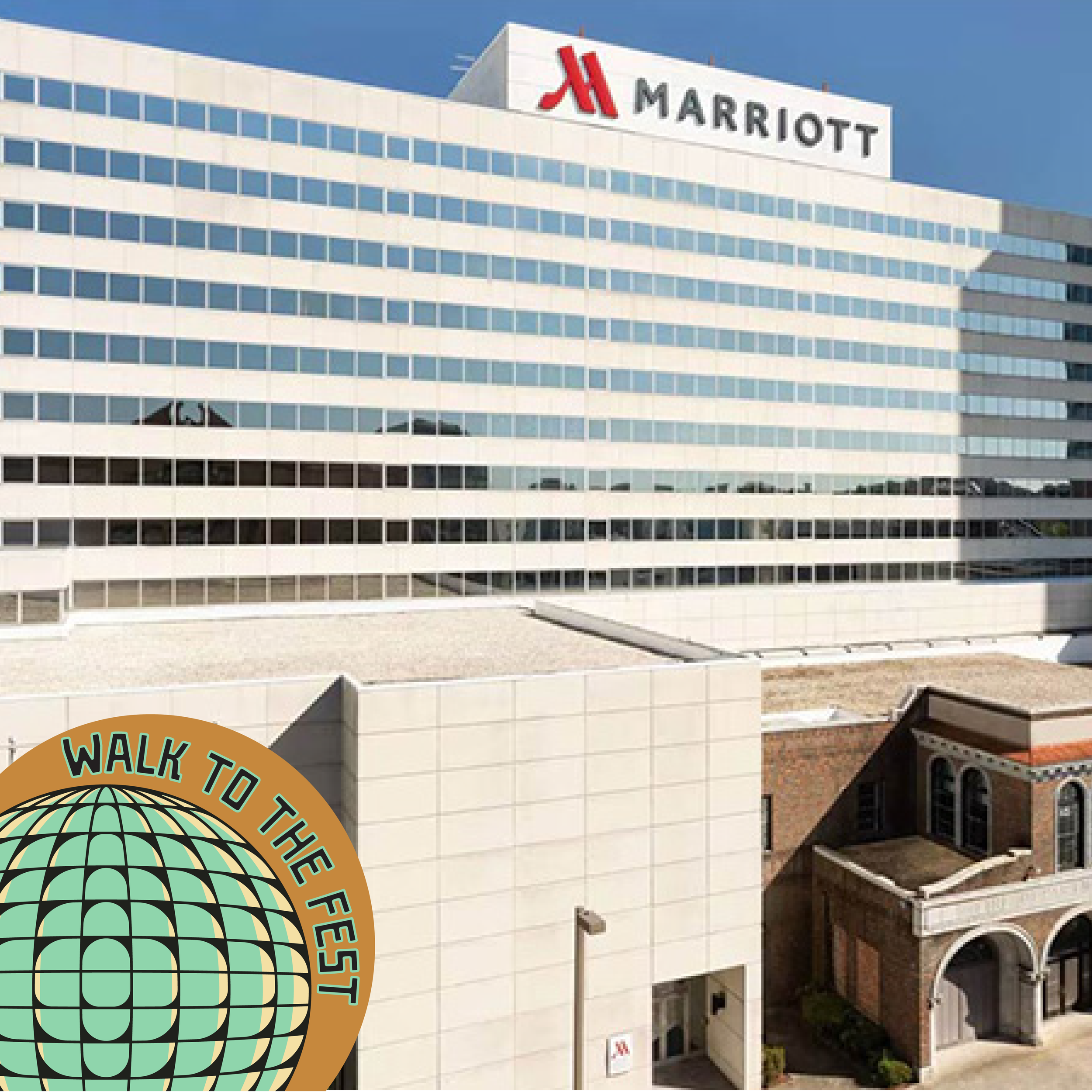 An exterior image of the Marriott Hotel in downtown Greensboro, NC