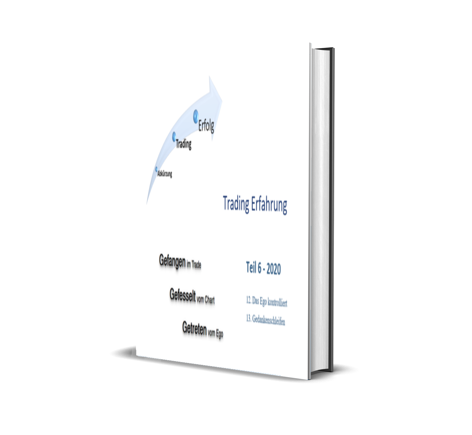 Buchumschlag mit Titel "Trading Erfahrung" und einer Grafik mit aufsteigender Kurve, die die Schritte Abkürzung, Trading, Erfolg zeigt, sowie Texten über Gefangensein, Gefesselt sein und Getrieben sein vom Ego, und Verweise auf Kapitel 12 und 13.