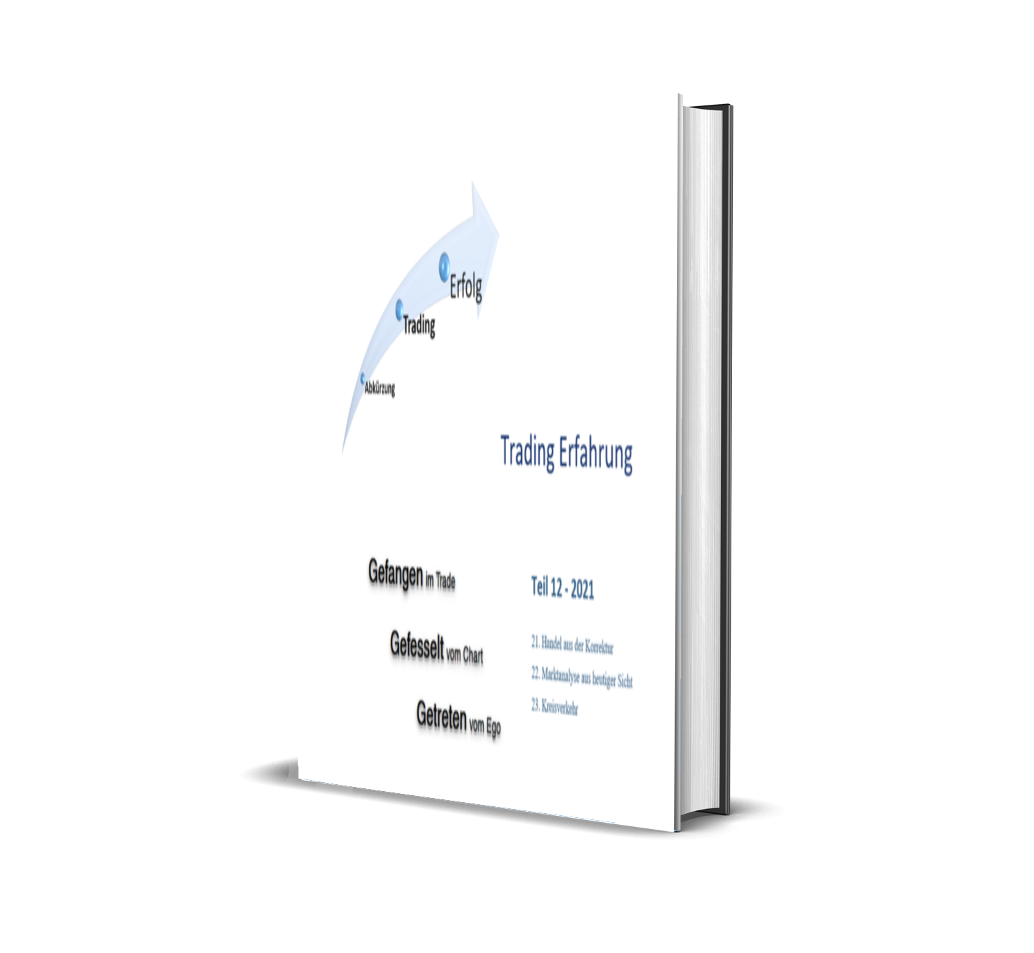 Buchcover mit Titel 'Trading Erfahrung', enthält eine Grafik mit einem aufsteigenden Pfeil, und Text über Gründe für Trading-Erfolg wie Akquisition, Trading, Erfolg